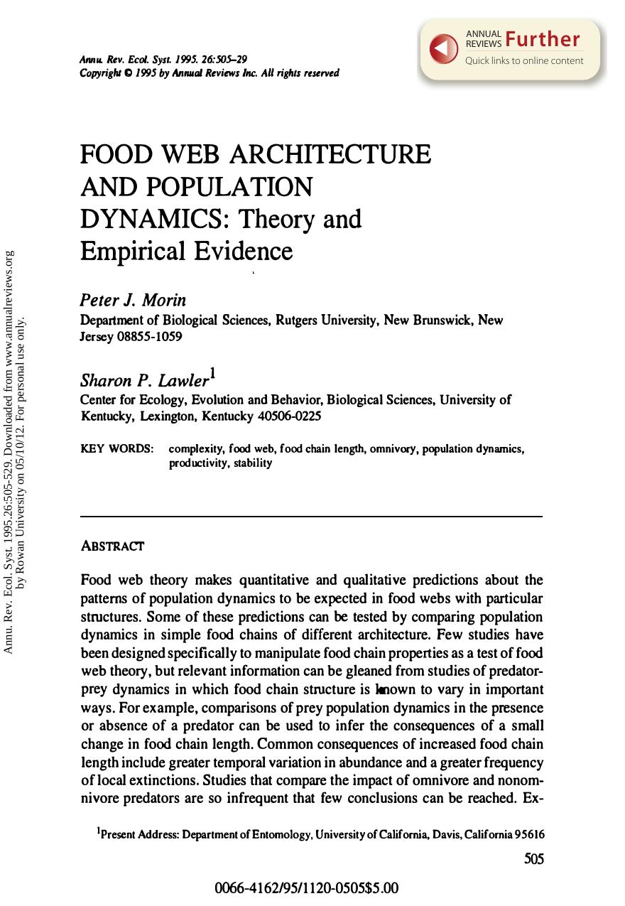 Food Web Architecture and Population Dynamics: Theory and Empirical Evidence by P J Morin & and S P Lawler
