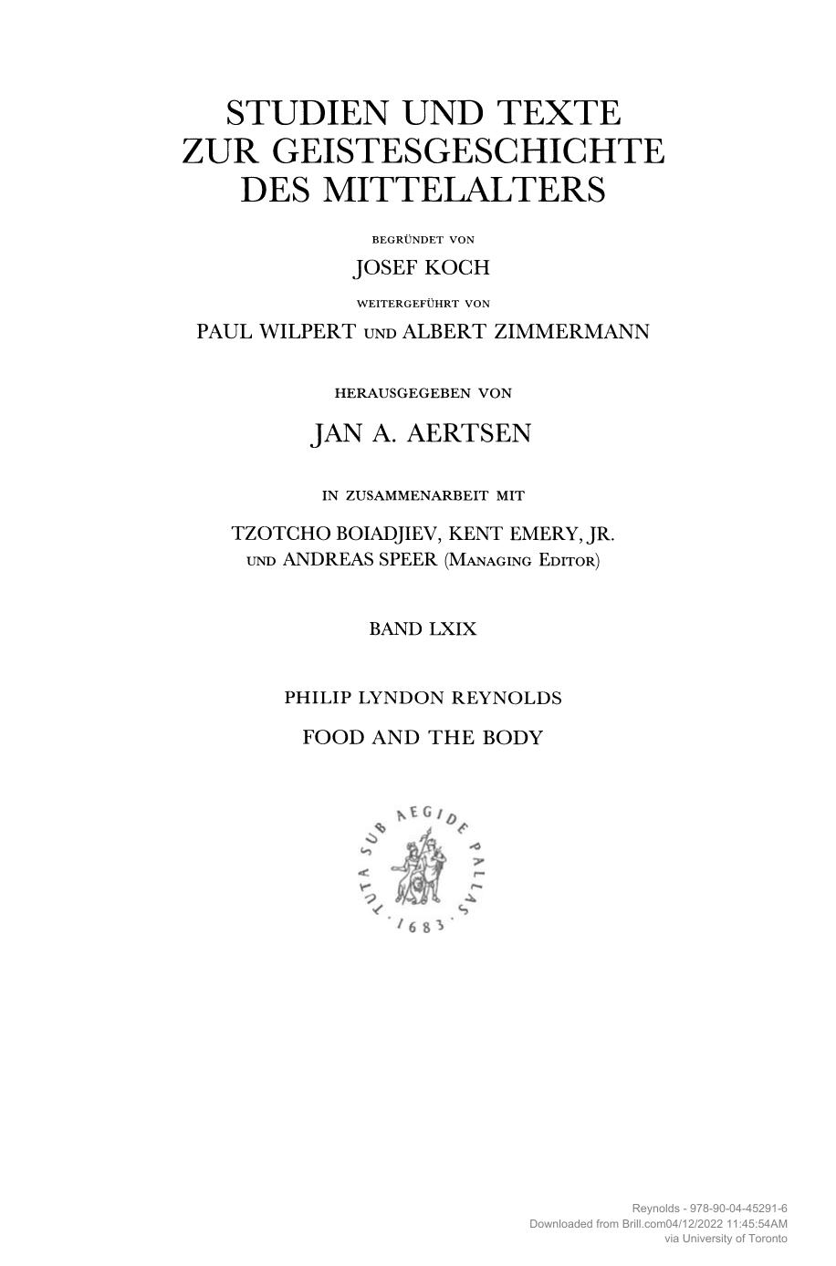 Food and the Body: Some Peculiar Questions in High Medieval Theology by Philip Lyndon Reynolds