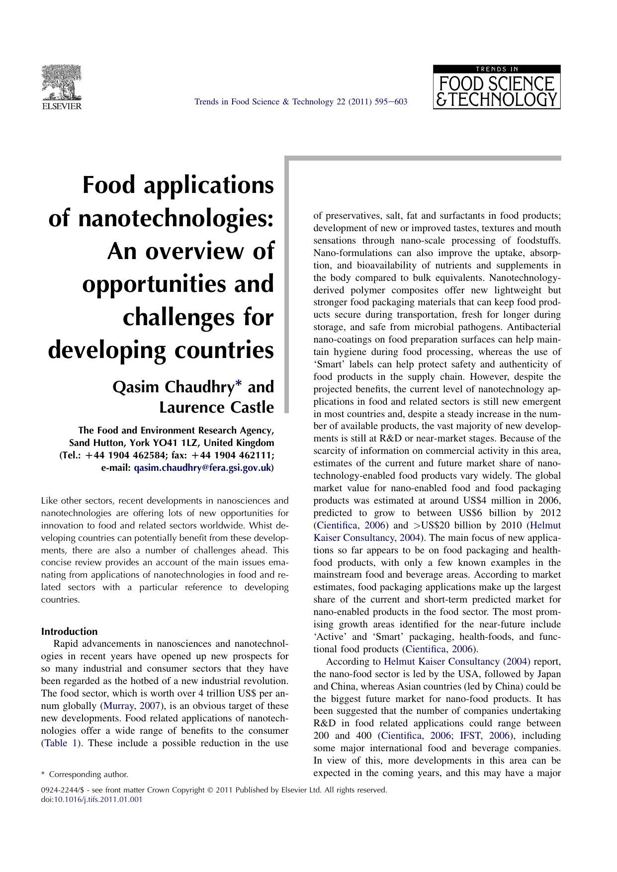 Food applications of nanotechnologies: An overview of opportunities and challenges for developing countries by Qasim Chaudhry & Laurence Castle