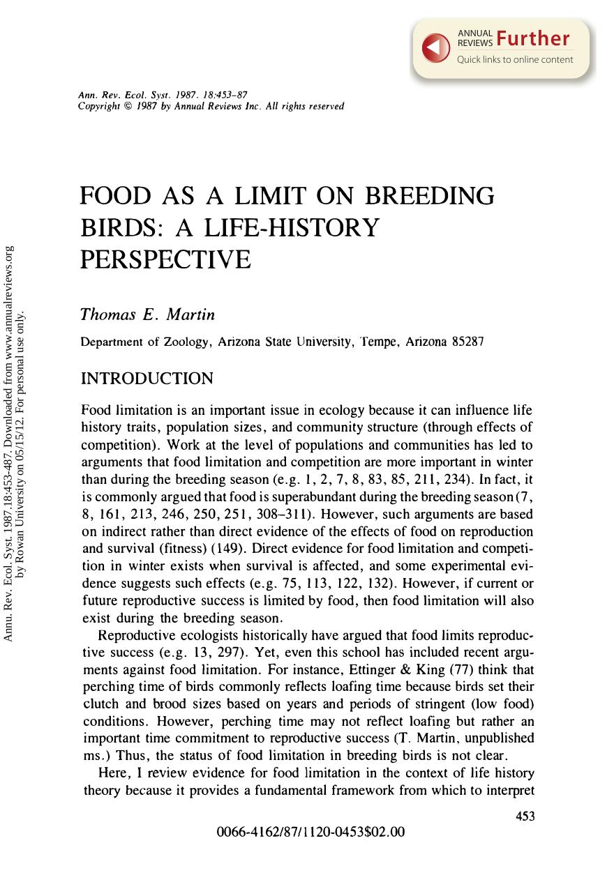 Food as a Limit on Breeding Birds: A Life-History Perspective by T E Martin