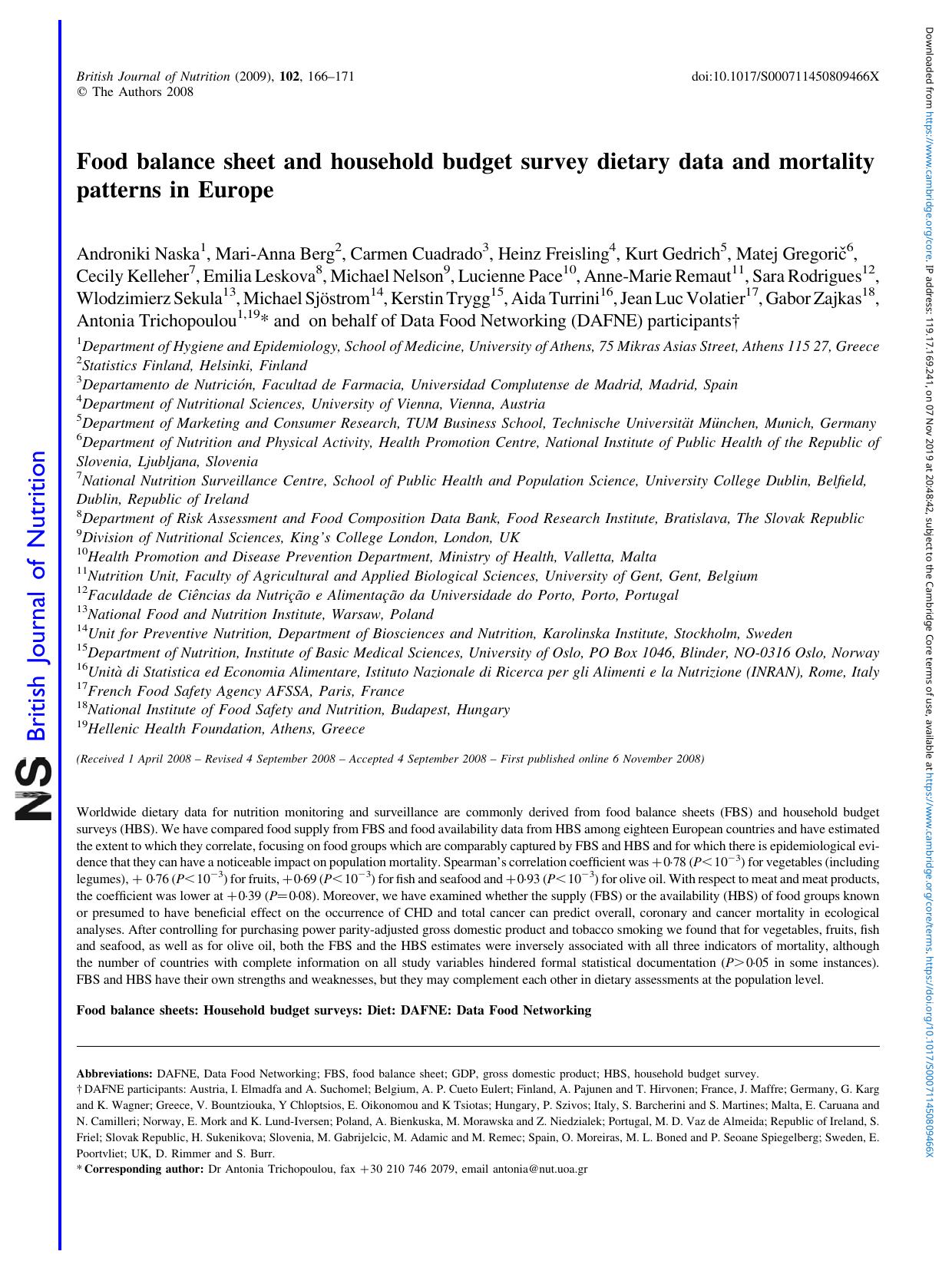 Food balance sheet and household budget survey dietary data and mortality patterns in Europe by unknow