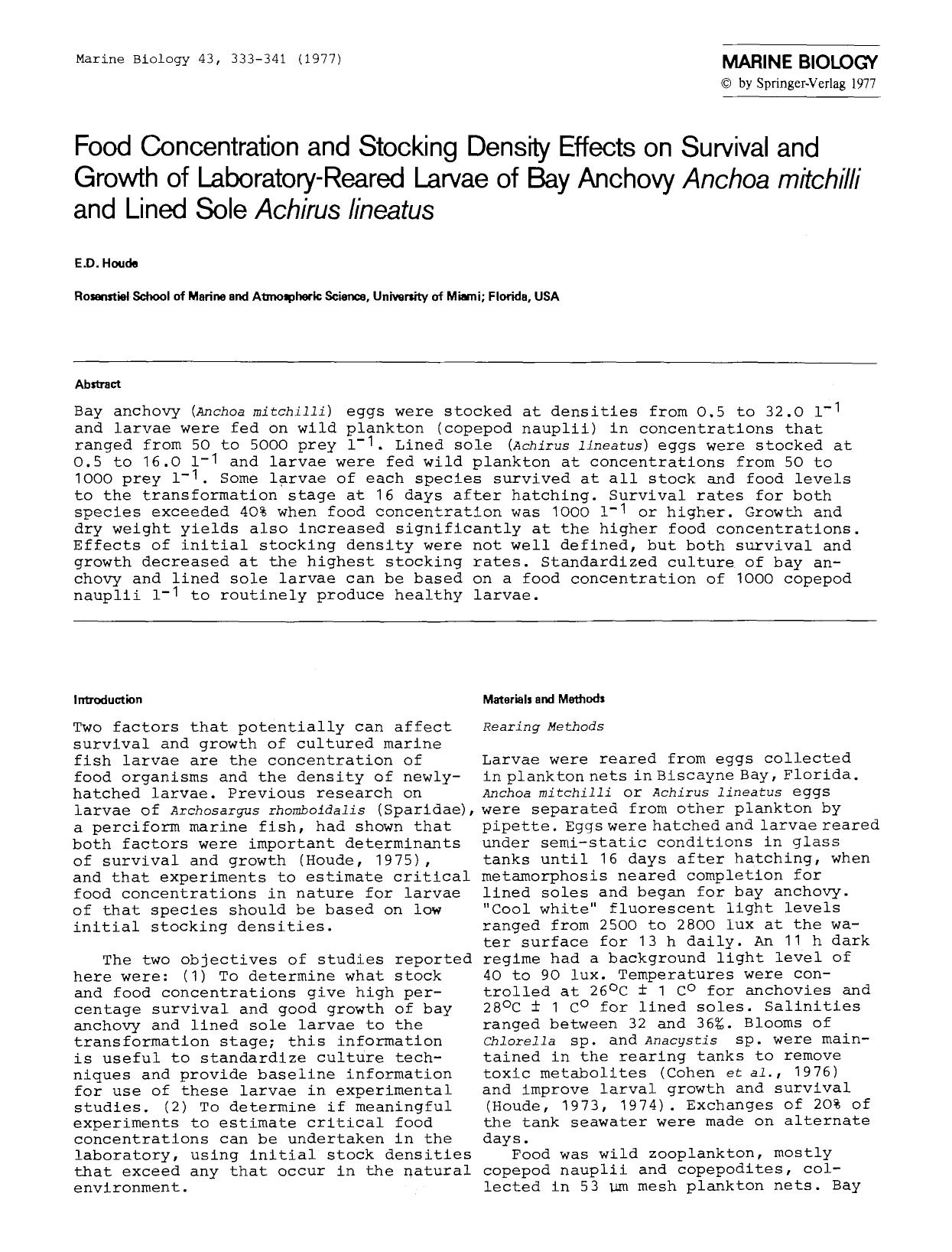 Food concentration and stocking density effects on survival and growth of laboratory-reared larvae of bay anchovy <Emphasis Type="Italic">Anchoa mitchilli<Emphasis> and lined sole by Unknown