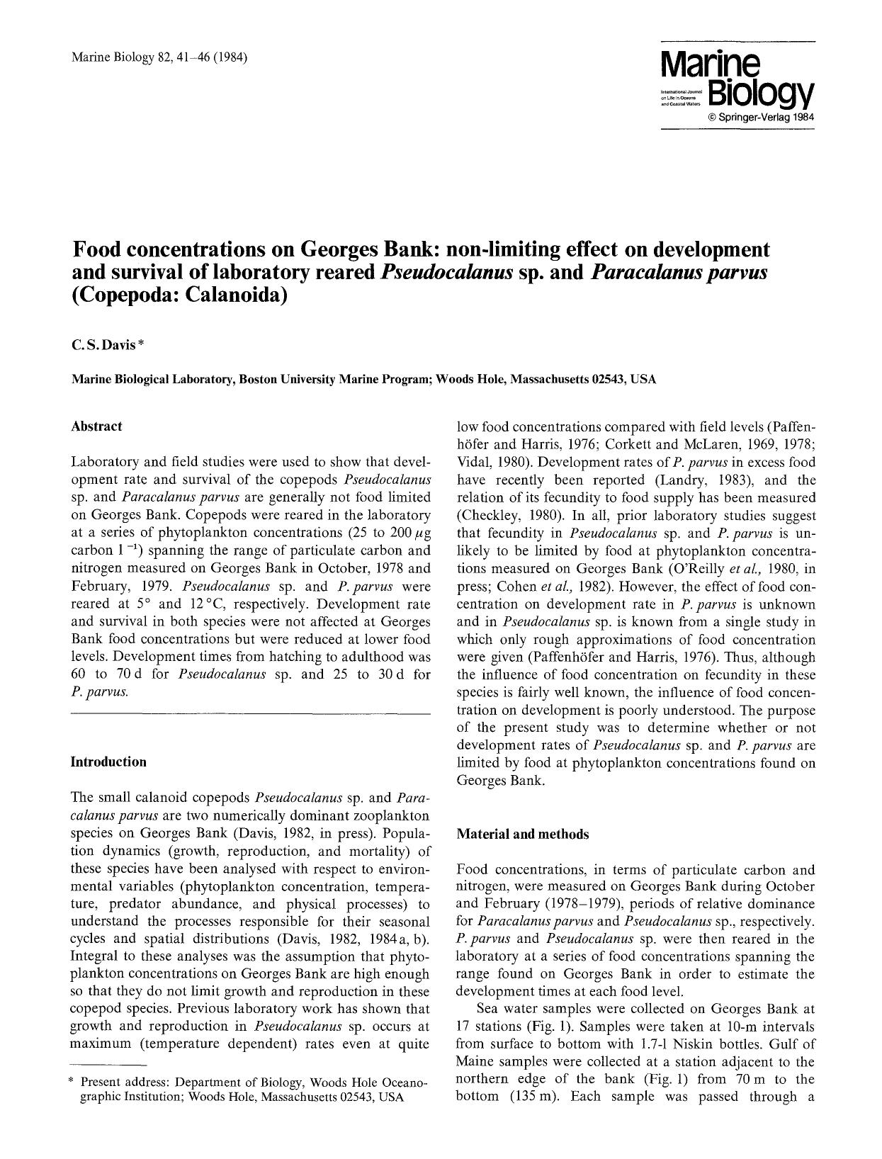 Food concentrations on Georges Bank: non-limiting effect on development and survival of laboratory reared <Emphasis Type="Italic">Pseudocalanus<Emphasis> sp. and <Emphasis Type="It by Unknown