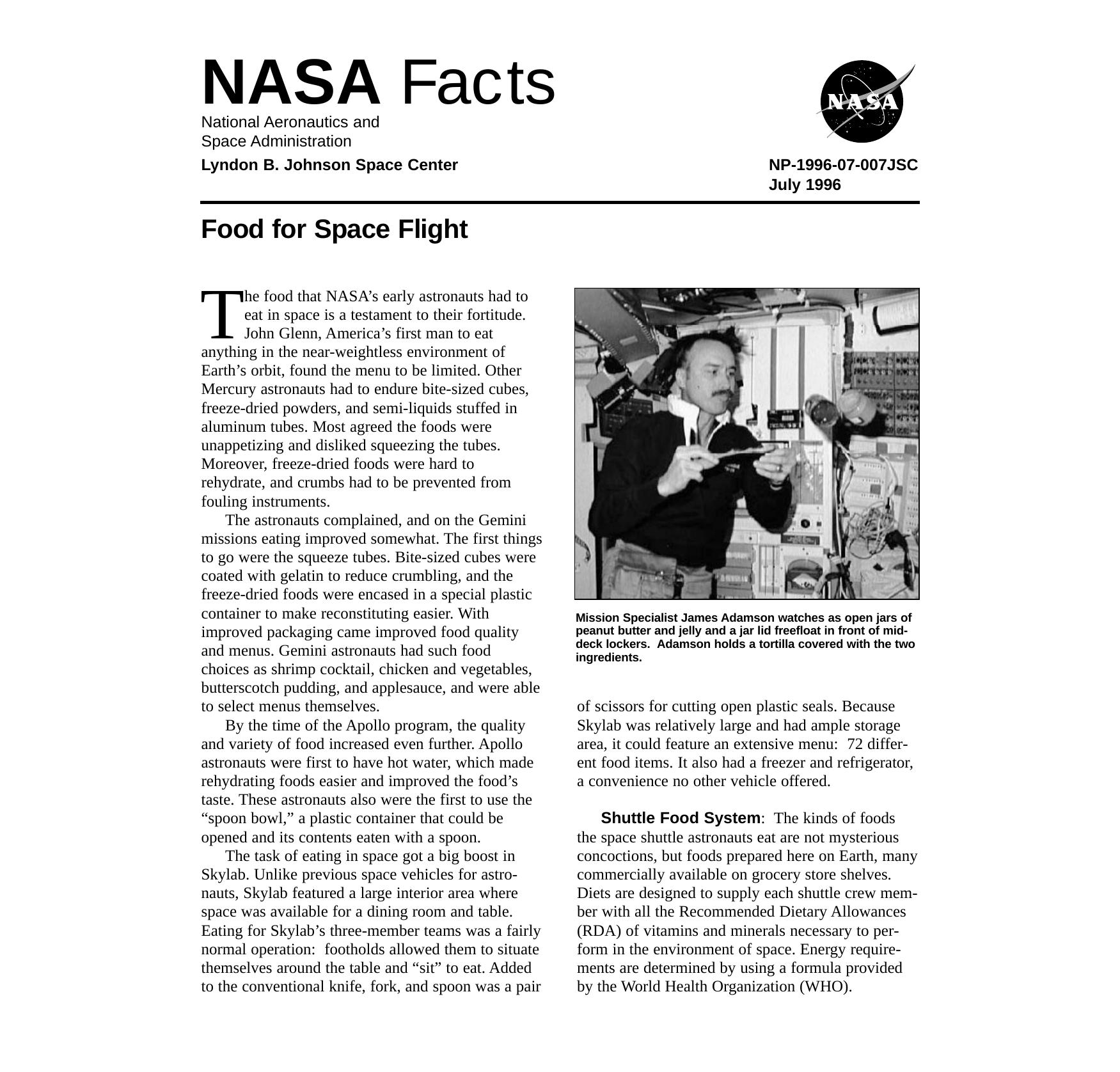 Food for space flight by United States. National Aeronautics and Space Administration
