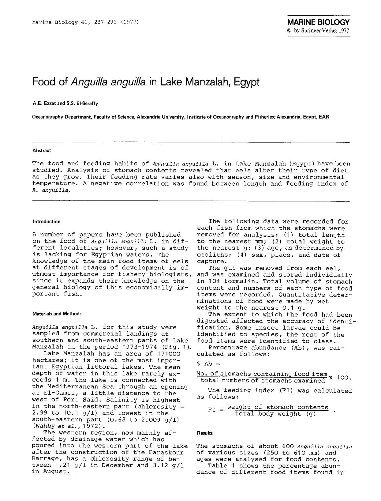 Food of <Emphasis Type="Italic">Anguilla anguilla<Emphasis> in Lake Manzalah, Egypt by Unknown