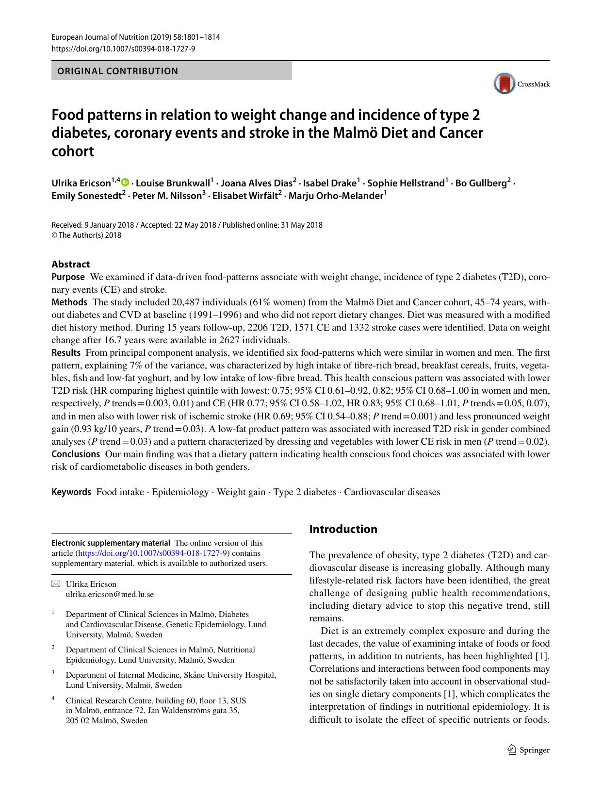 Food patterns in relation to weight change and incidence of type 2 diabetes, coronary events and stroke in the MalmÃ¶ Diet and Cancer cohort by Ulrika Ericson