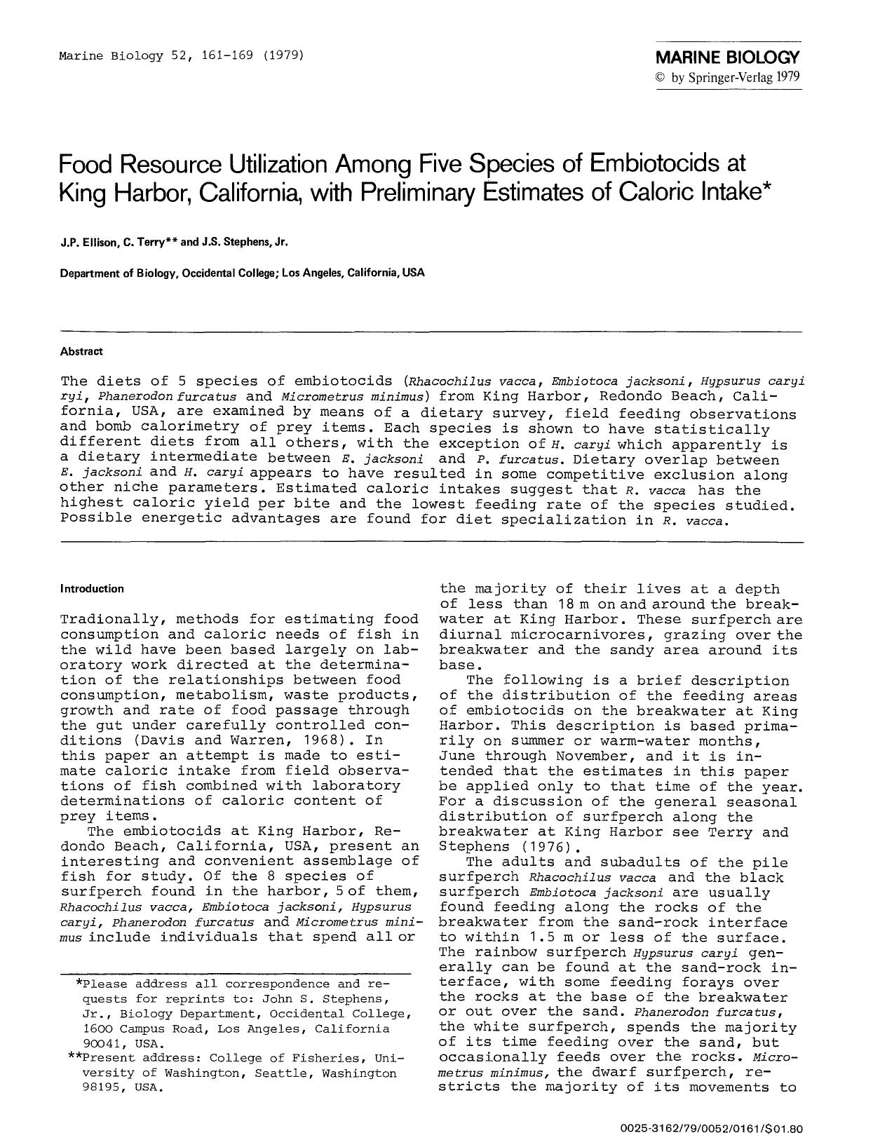 Food resource utilization among five species of embiotocids at King Harbor, California, with preliminary estimates of caloric intake by Unknown