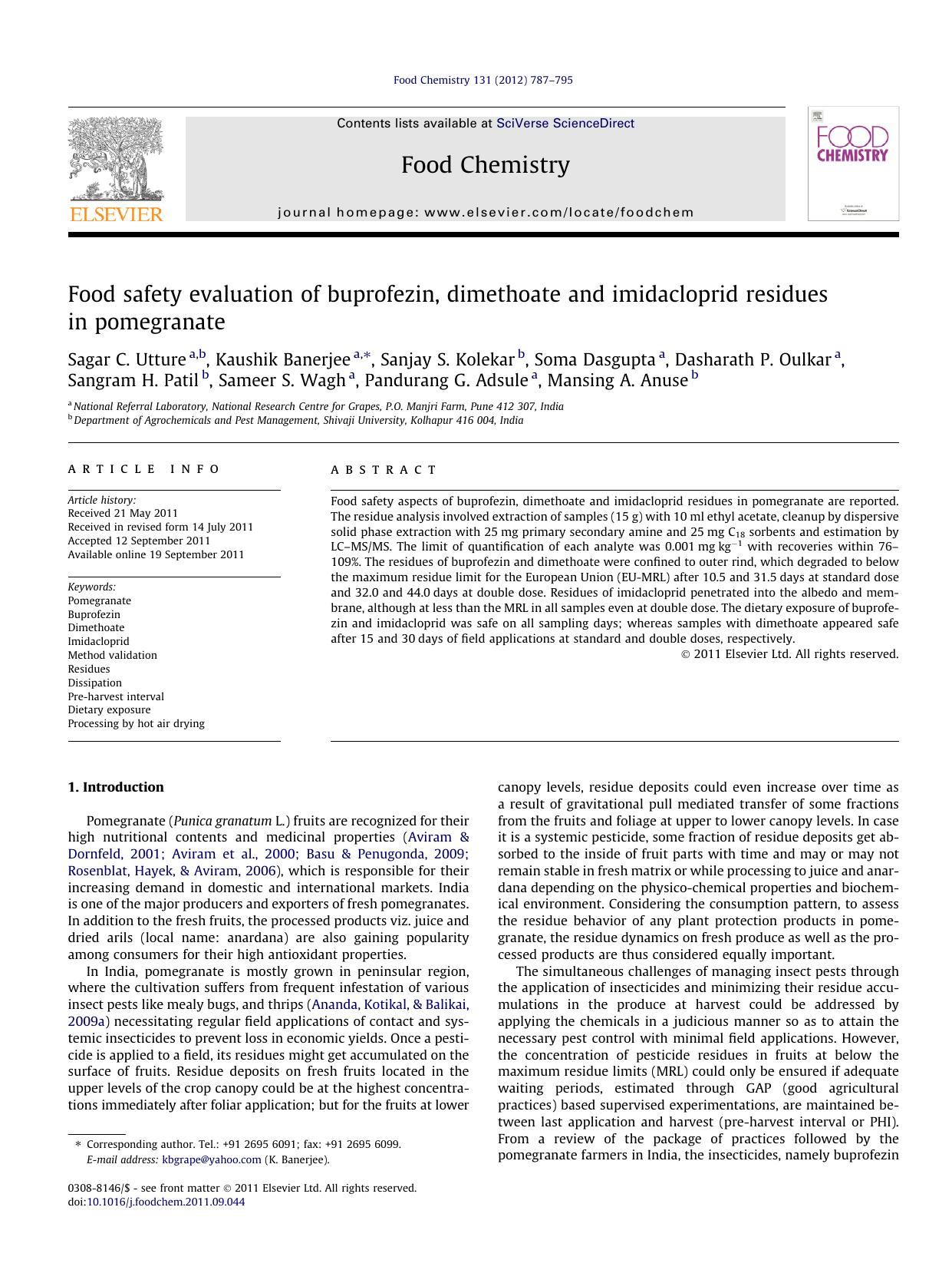 Food safety evaluation of buprofezin, dimethoate and imidacloprid residues in pomegranate by unknow