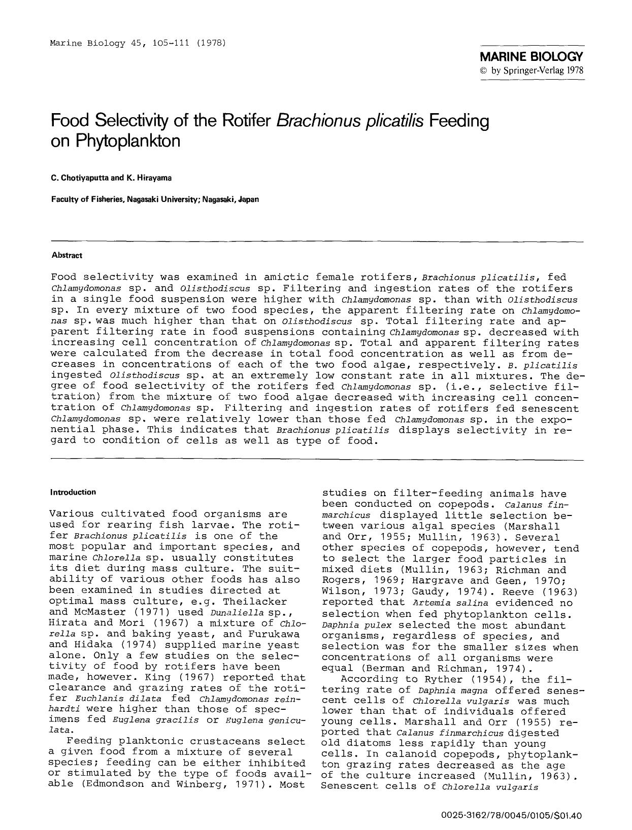 Food selectivity of the rotifer <Emphasis Type="Italic">Brachionus plicatilis<Emphasis> feeding on phytoplankton by Unknown