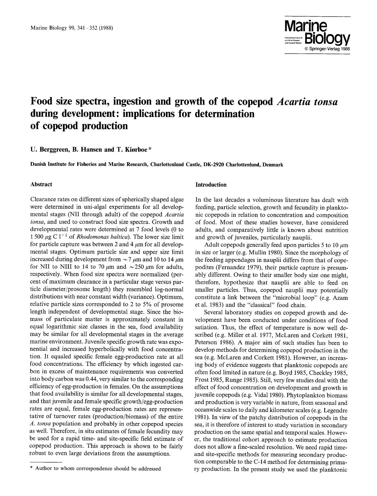 Food size spectra, ingestion and growth of the copepod <Emphasis Type="Italic">Acartia tonsa <Emphasis> during development: Implications for determination of copepod production by Unknown