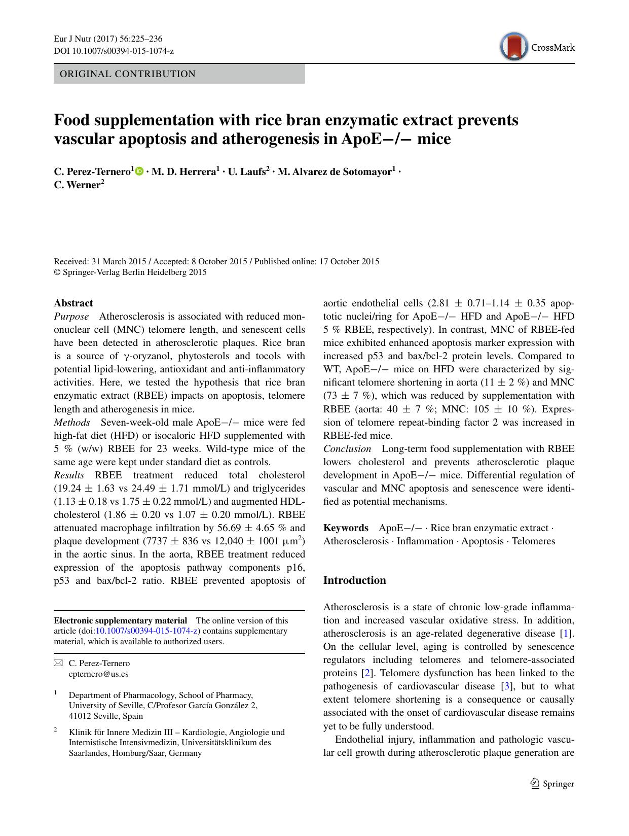 Food supplementation with rice bran enzymatic extract prevents vascular apoptosis and atherogenesis in ApoE-- mice by C. Perez-Ternero & M. D. Herrera & U. Laufs & M. Alvarez de Sotomayor & C. Werner