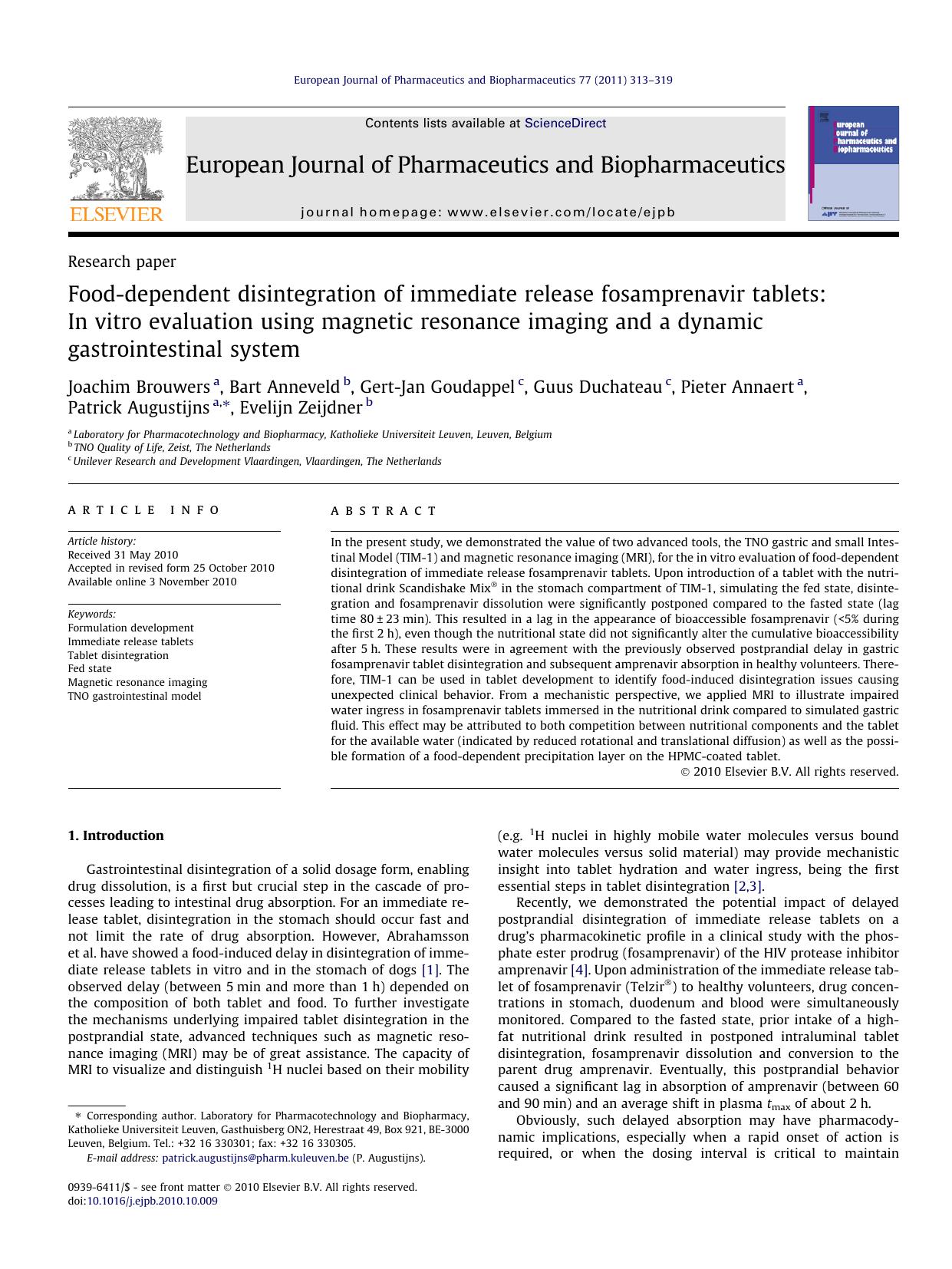 Food-dependent disintegration of immediate release fosamprenavir tablets: In vitro evaluation using magnetic resonance imaging and a dynamic gastrointestinal system by unknow