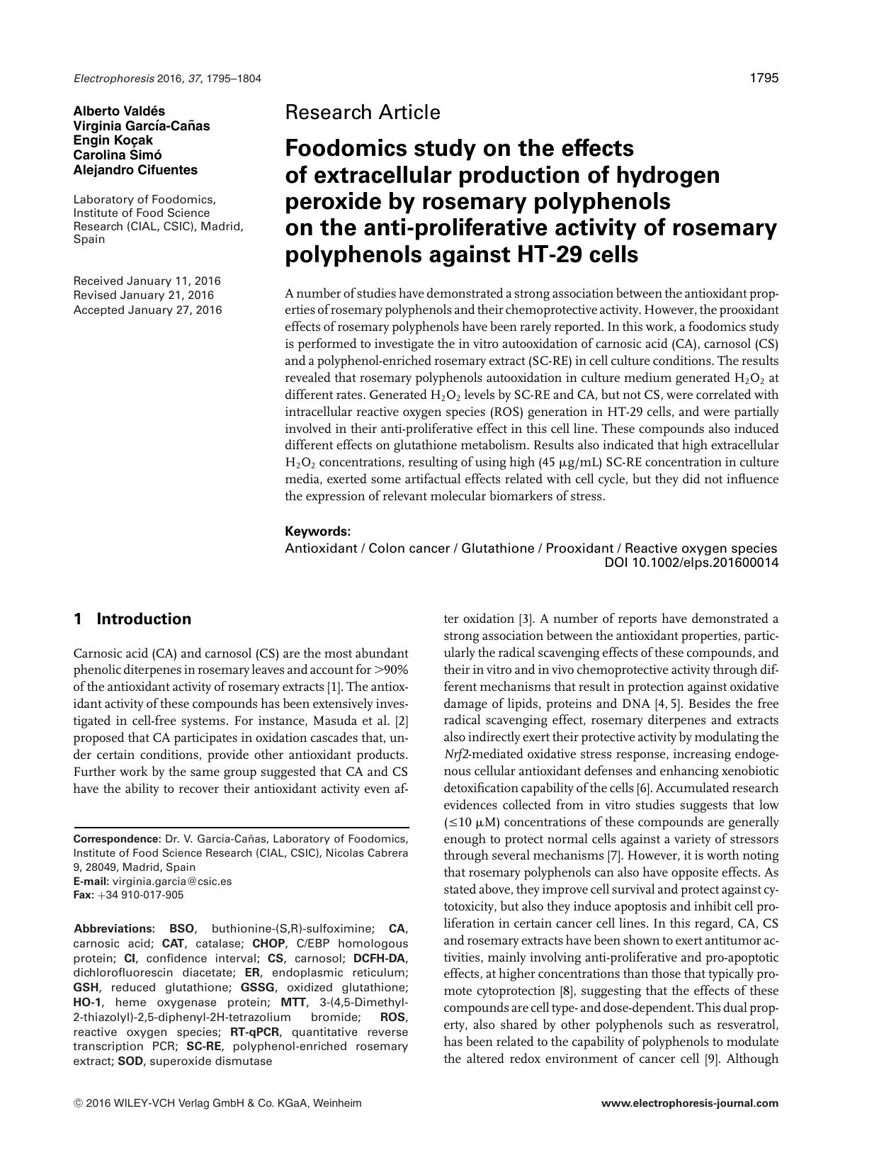 Foodomics study on the effects of extracellular production of hydrogen peroxide by rosemary polyphenols on the anti&#x02010;proliferative activity of rosemary polyphenols against HT&#x02010;29 cells by Unknown