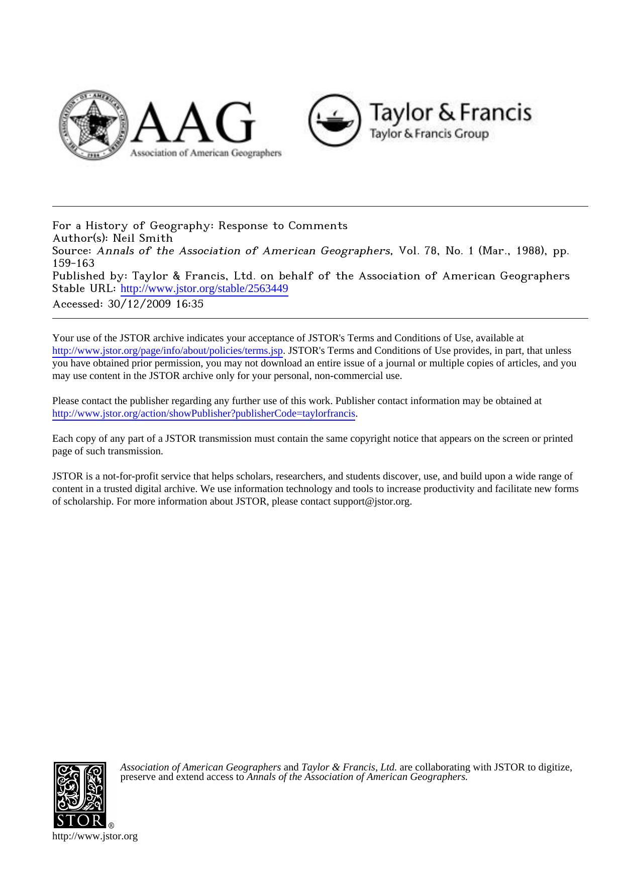 For a History of Geography: Response to Comments by Response to Comments