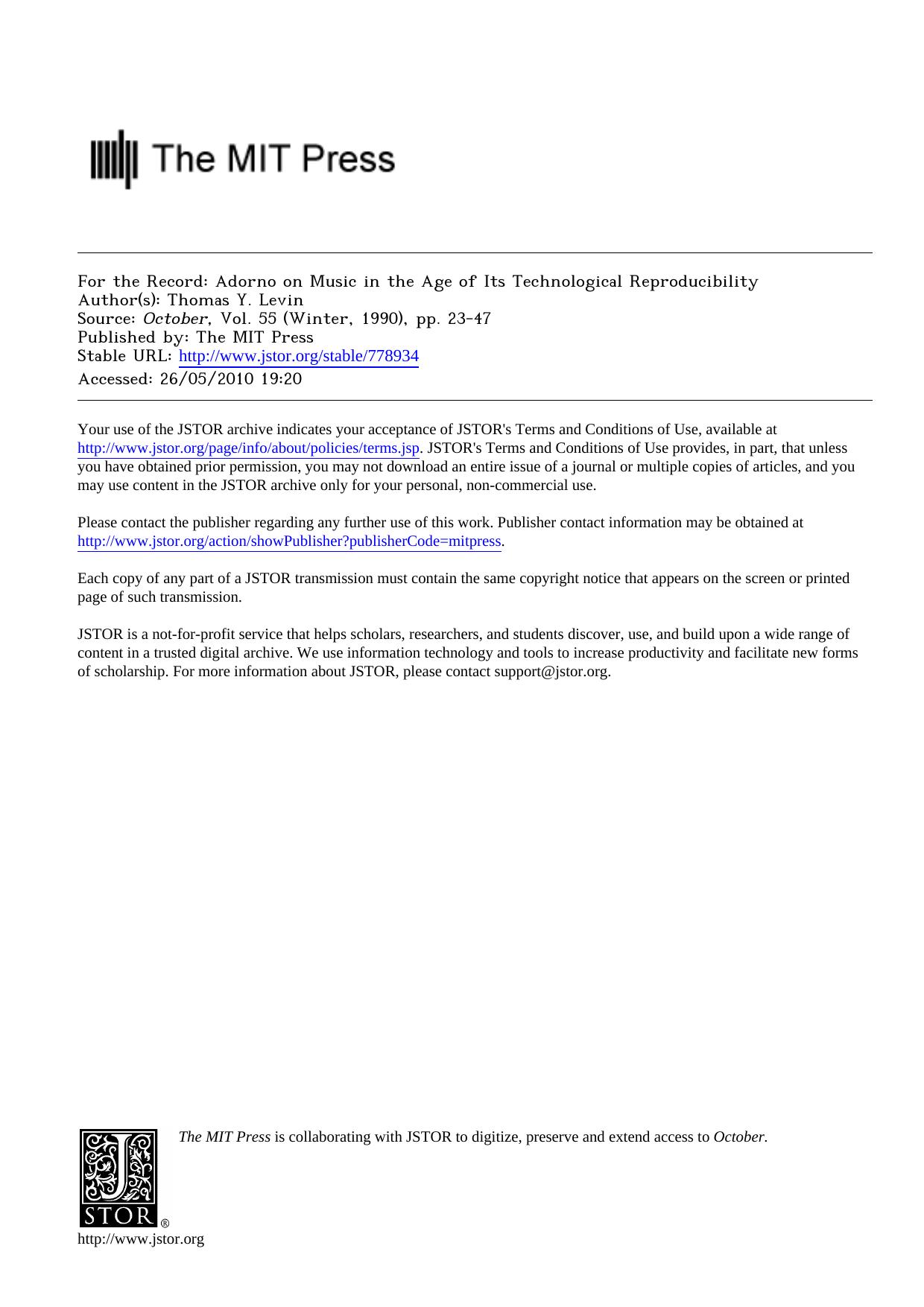 For the Record: Adorno on Music in the Age of Its Technological Reproducibility by Unknown
