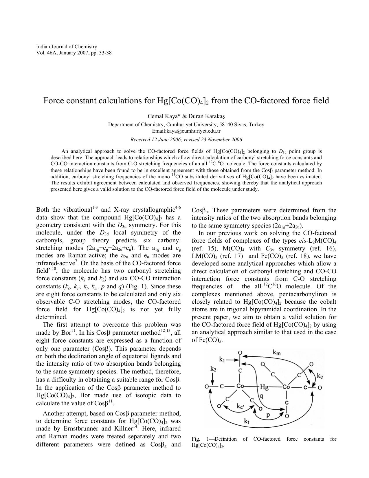 Force constant calculations for Hg[Co(CO)4]2 from the CO-factored force field by dk