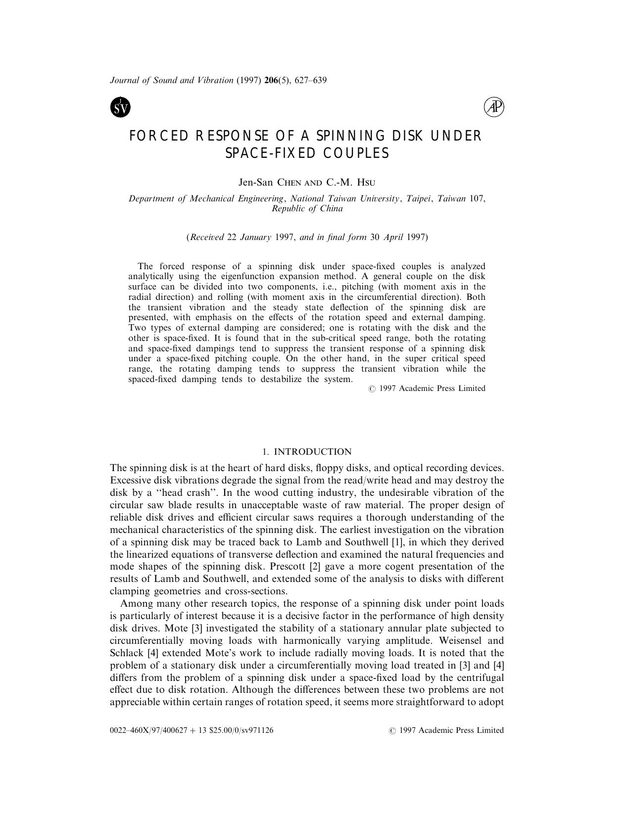 Forced Response of a Spinning Disk Under Space-Fixed Couples by Chen J-S & Hsu C.-M