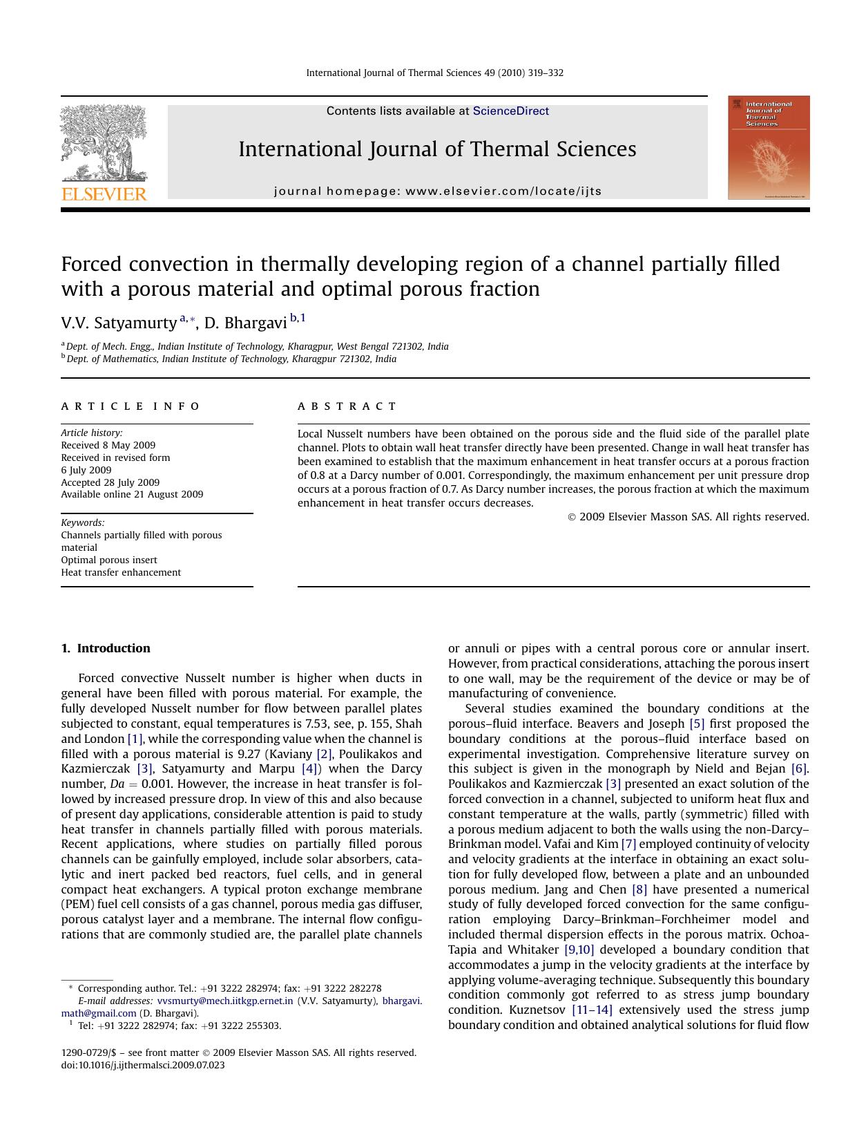 Forced convection in thermally developing region of a channel partially filled with a porous material and optimal porous fraction by V.V. Satyamurty; D. Bhargavi