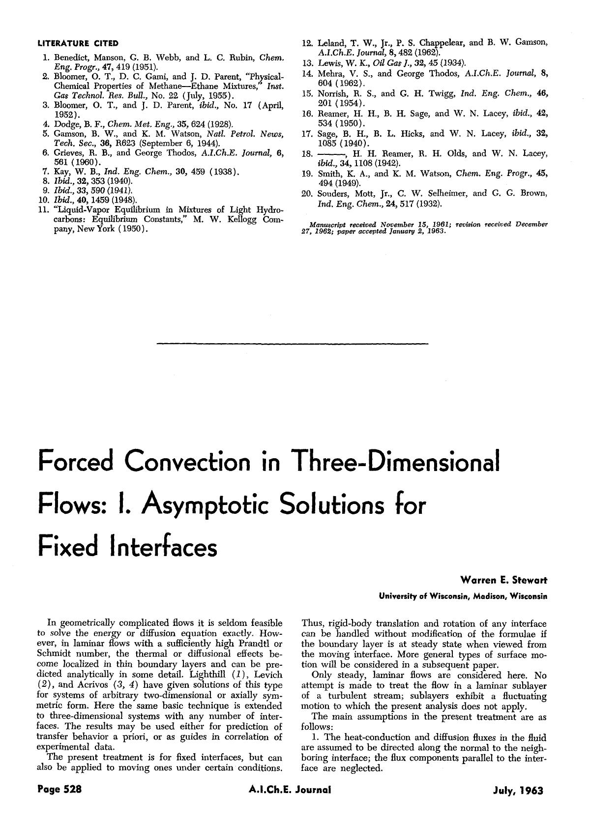 Forced convection in three-dimensional flows: I. Asymptotic solutions for fixed interfaces by Unknown