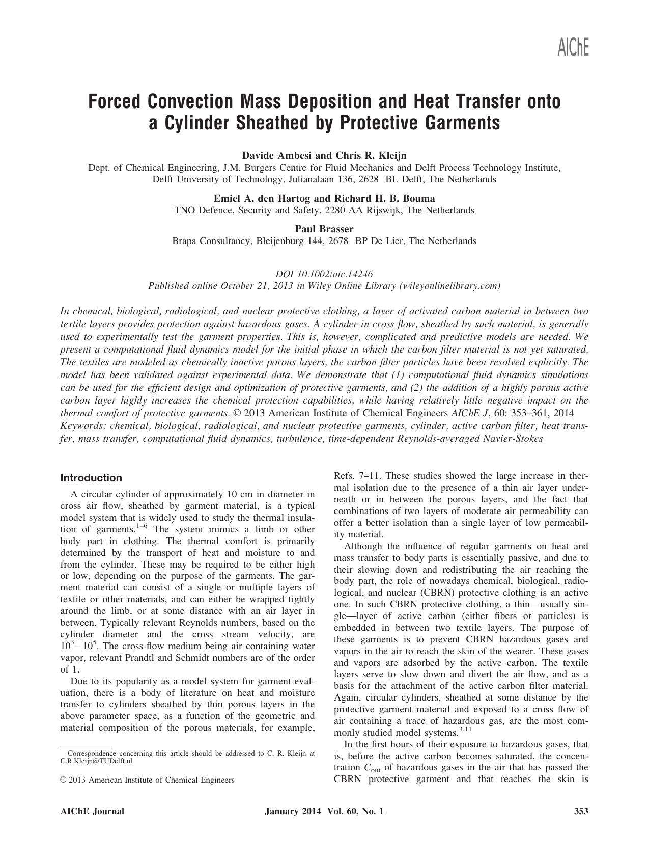 Forced convection mass deposition and heat transfer onto a cylinder sheathed by protective garments by Unknown