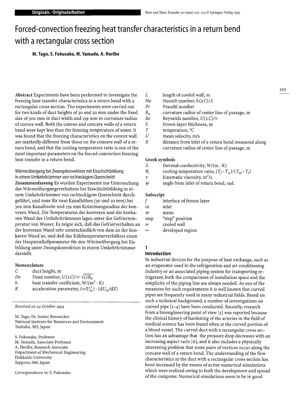 Forced-convection freezing heat transfer characteristics in a return bend with a rectangular cross section by Unknown
