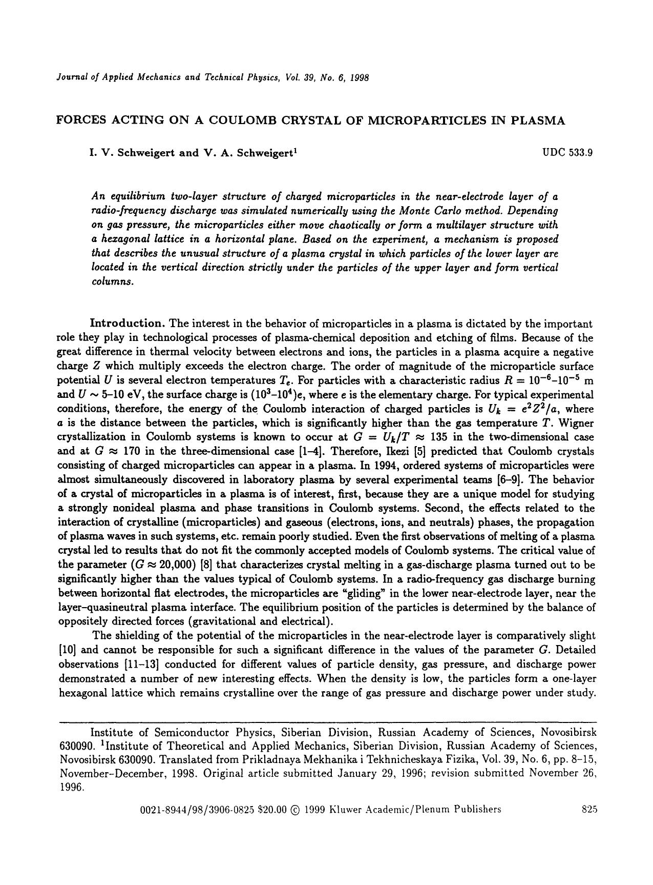 Forces acting on a coulomb crystal of microparticles in plasma by Unknown