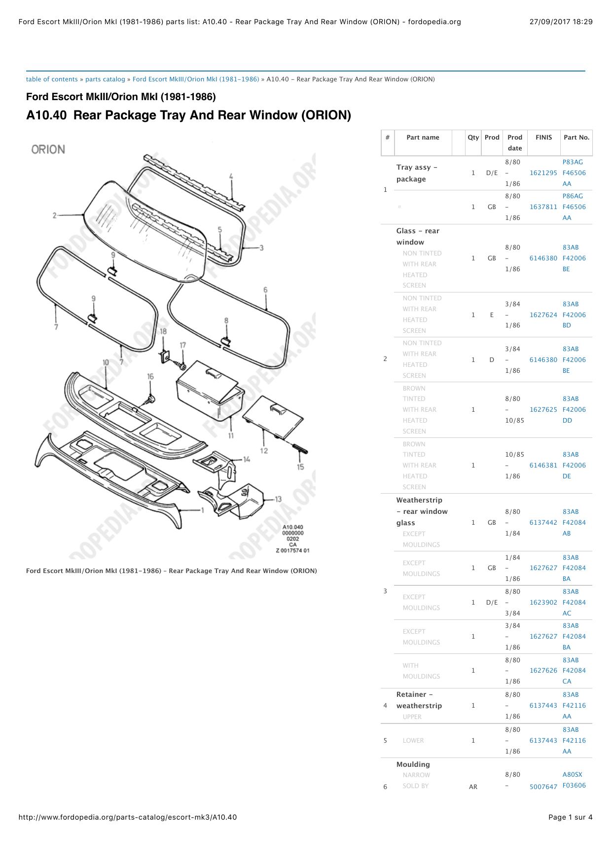 Ford Escort MkIIIOrion MkI (1981-1986) parts list: A10.40 - Rear Package Tray And Rear Window (ORION) - fordopedia.org by Denovan Delion