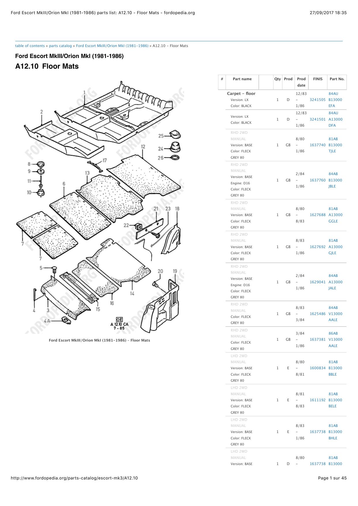 Ford Escort MkIIIOrion MkI (1981-1986) parts list: A12.10 - Floor Mats - fordopedia.org by Denovan Delion