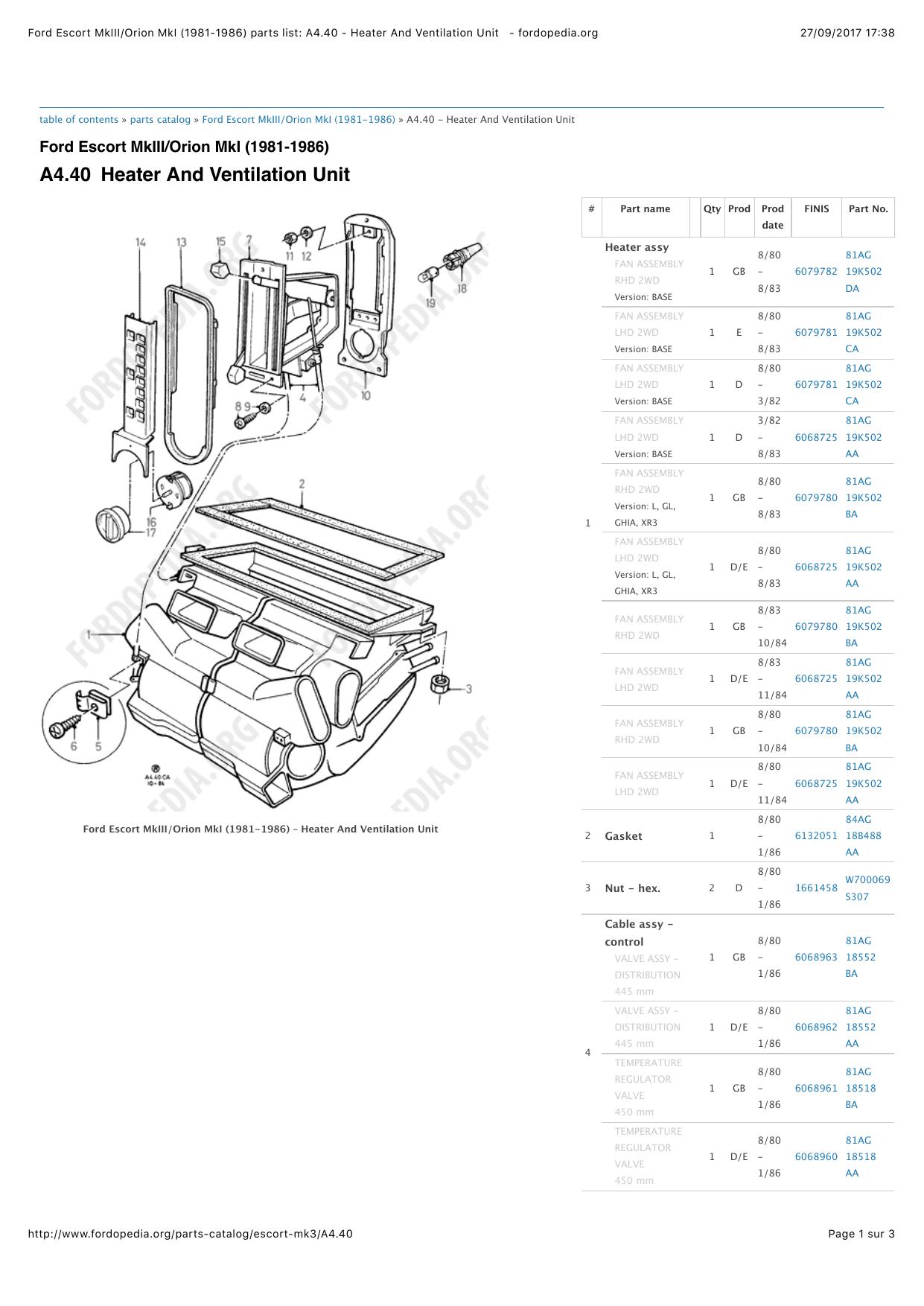 Ford Escort MkIIIOrion MkI (1981-1986) parts list: A4.40 - Heater And Ventilation Unit Â  - fordopedia.org by Denovan Delion