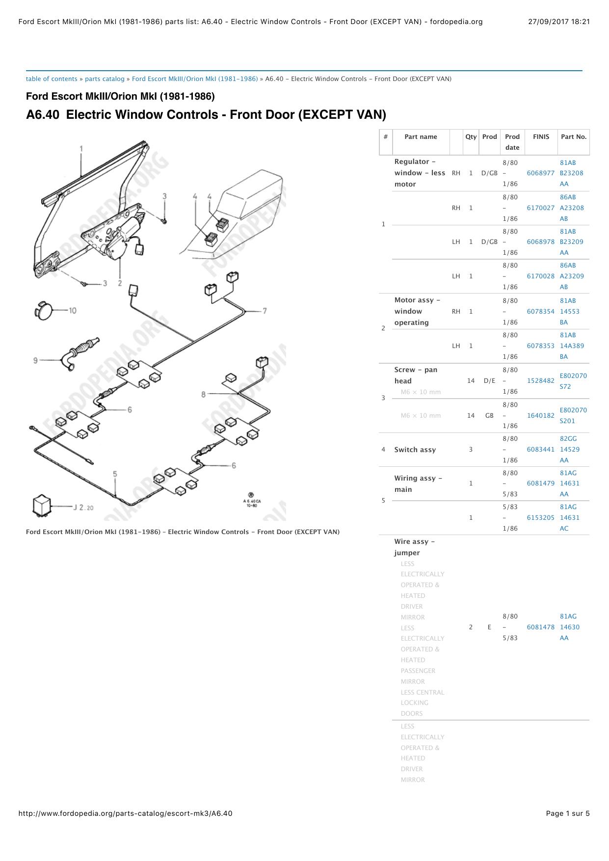 Ford Escort MkIIIOrion MkI (1981-1986) parts list: A6.40 - Electric Window Controls - Front Door (EXCEPT VAN) - fordopedia.org by Denovan Delion