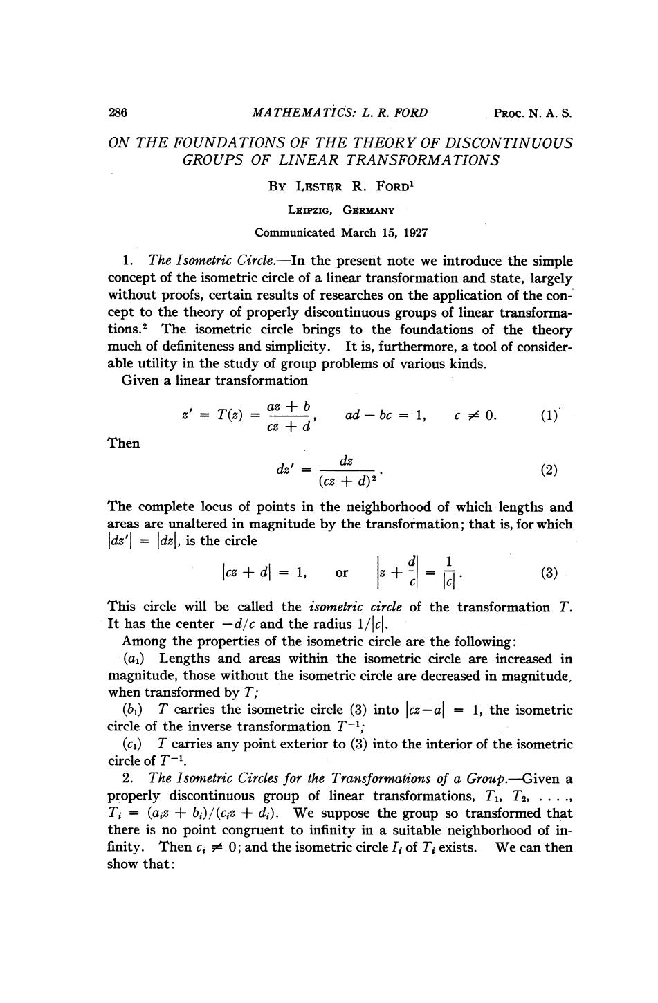 Ford L. R. by On the Foundations of the Theory of Discontinuous Groups of Linear Transformations (1927)(4s)