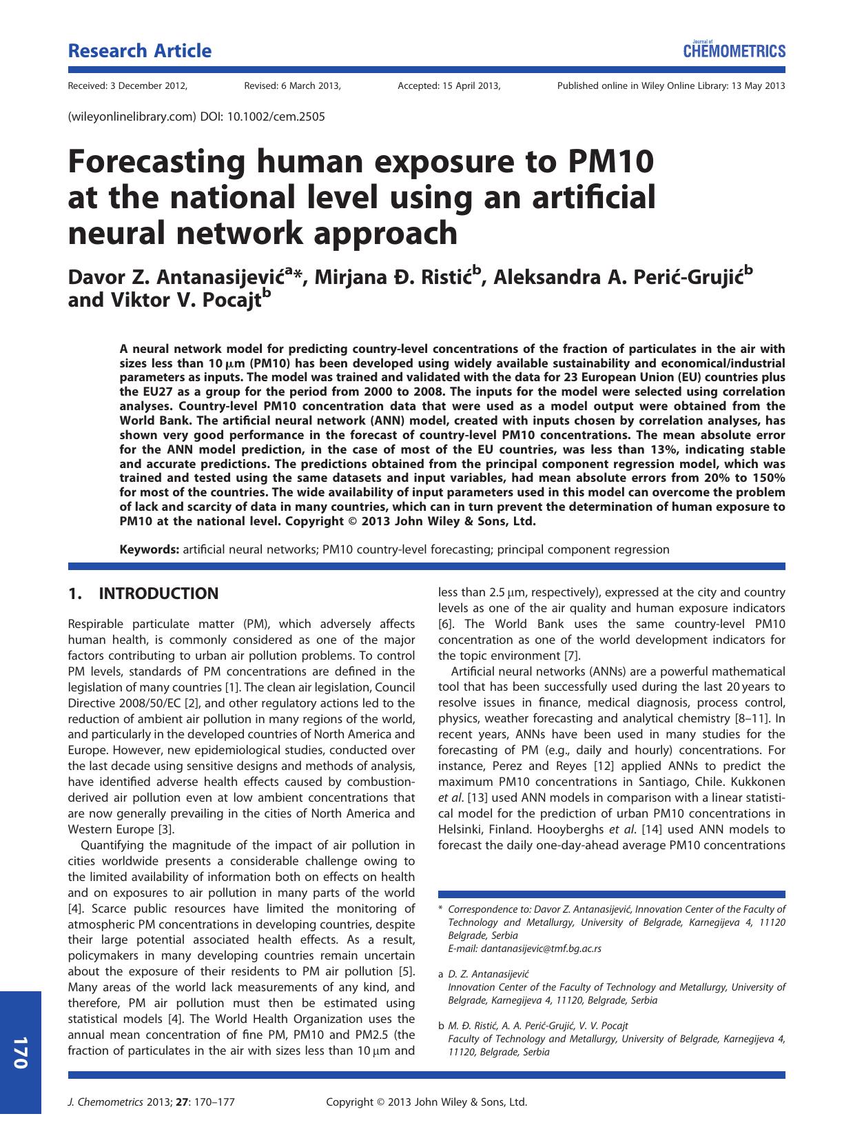 Forecasting human exposure to PM10 at the national level using an artificial neural network approach by Unknown