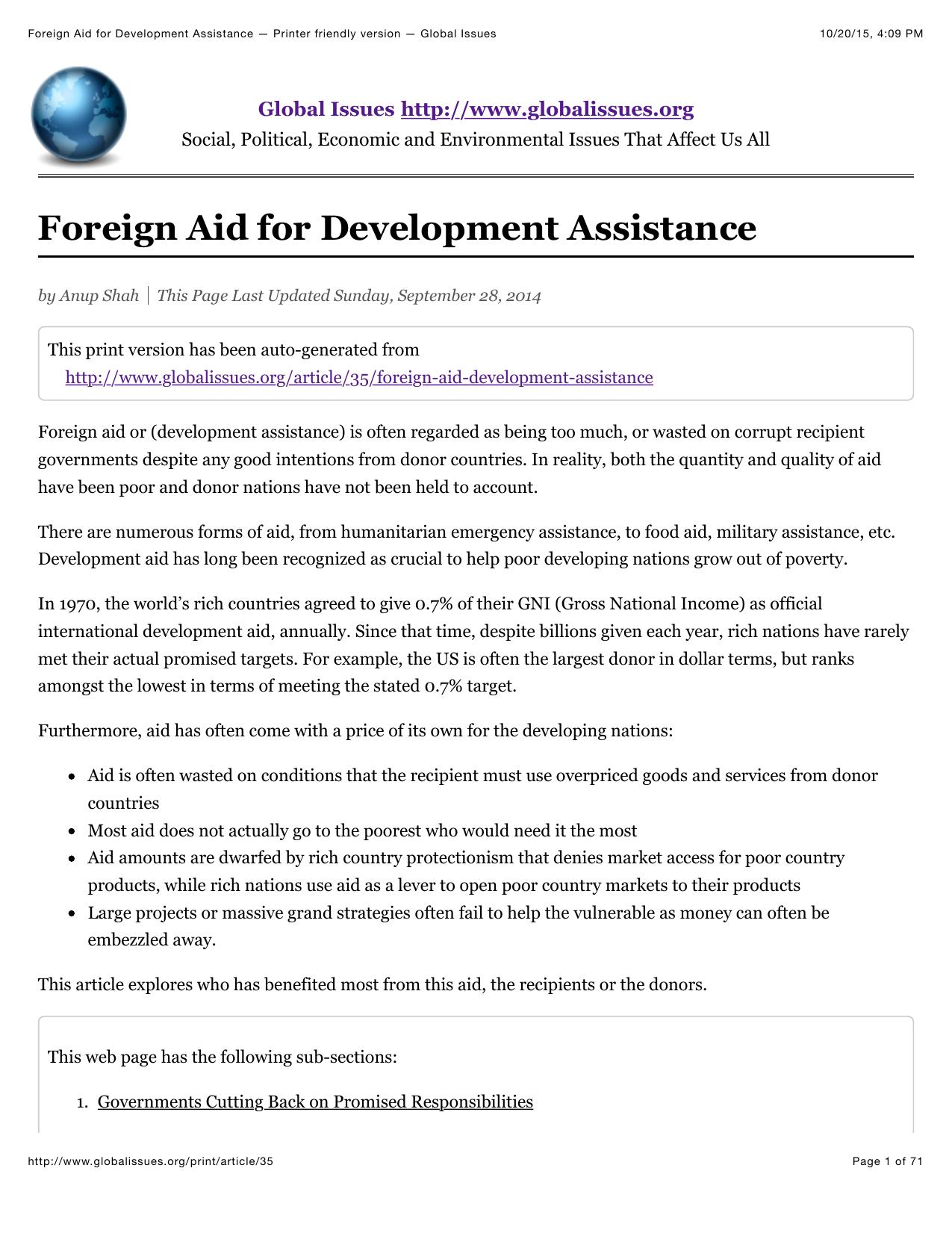 Foreign Aid for Development Assistance â Printer friendly version â Global Issues by Foreign Aid
