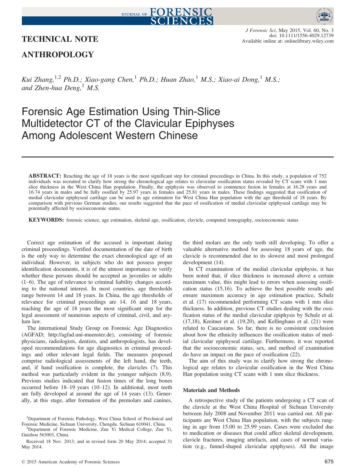 Forensic Age Estimation Using Thin‐Slice Multidetector CT of the Clavicular Epiphyses Among Adolescent Western Chinese by Unknown