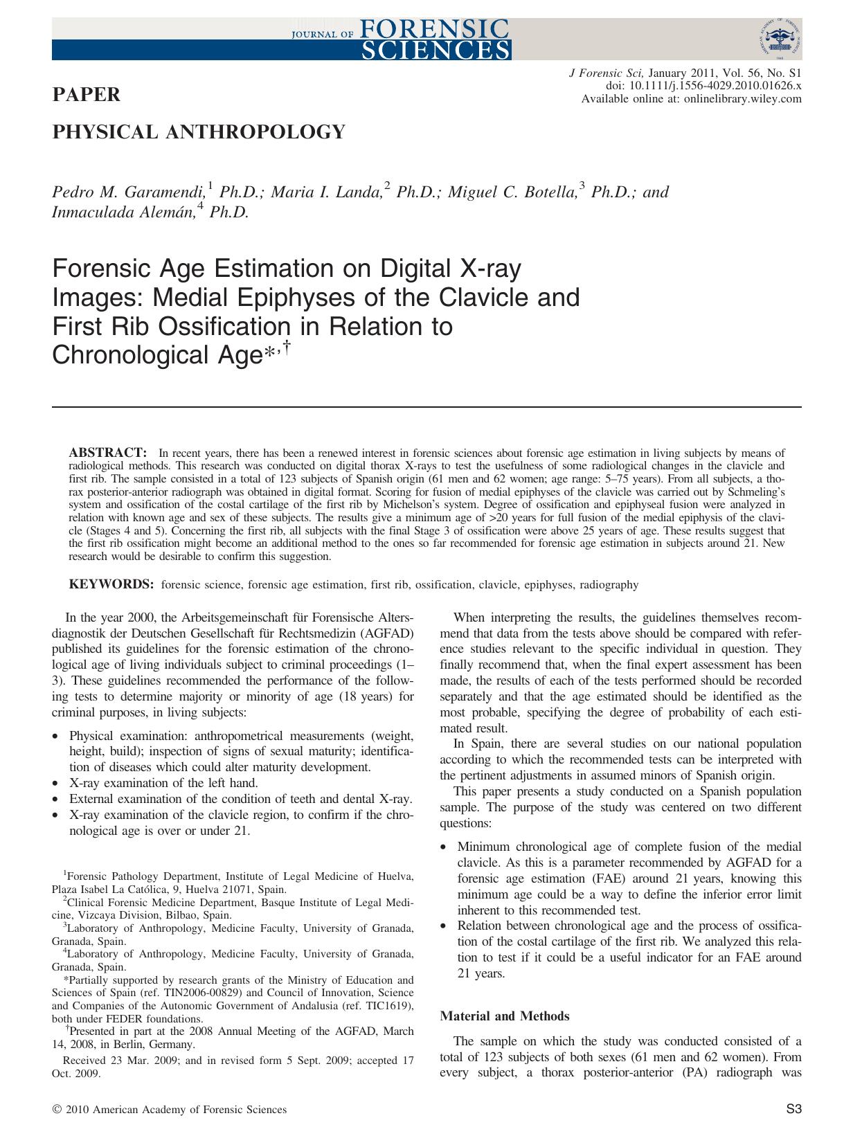Forensic Age Estimation on Digital Xray Images: Medial Epiphyses of the Clavicle and First Rib Ossification in Relation to Chronological Age, by Unknown