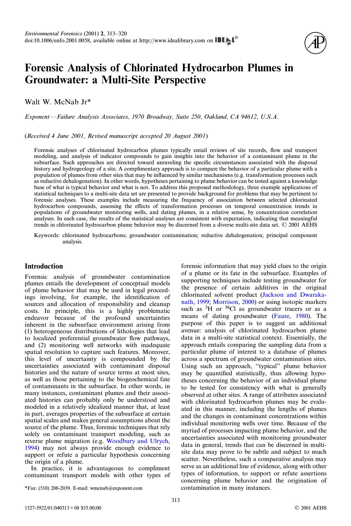 Forensic Analysis of Chlorinated Hydrocarbon Plumes in Groundwater: a Multi-Site Perspective by Walt W. McNab Jr