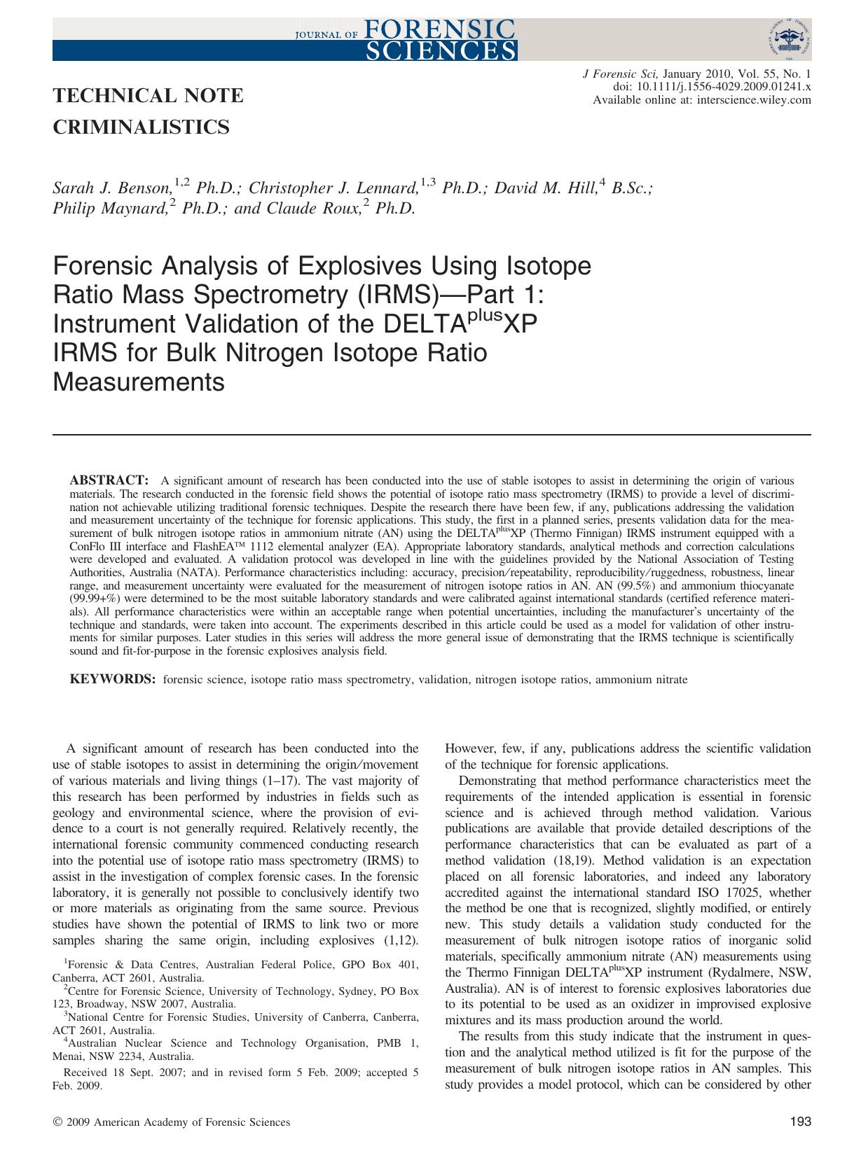 Forensic Analysis of Explosives Using Isotope Ratio Mass Spectrometry (IRMS)?Part 1: Instrument Validation of the DELTAplusXP IRMS for Bulk Nitrogen Isotope Ratio Measurements by Unknown