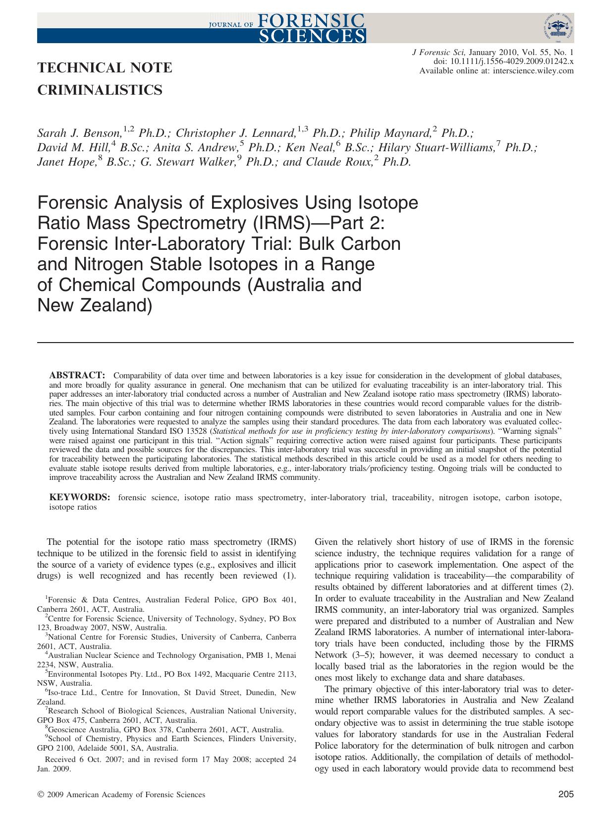 Forensic Analysis of Explosives Using Isotope Ratio Mass Spectrometry (IRMS)?Part 2: Forensic Inter?Laboratory Trial: Bulk Carbon and Nitrogen Stable Isotopes in a Range of Chemica by Unknown