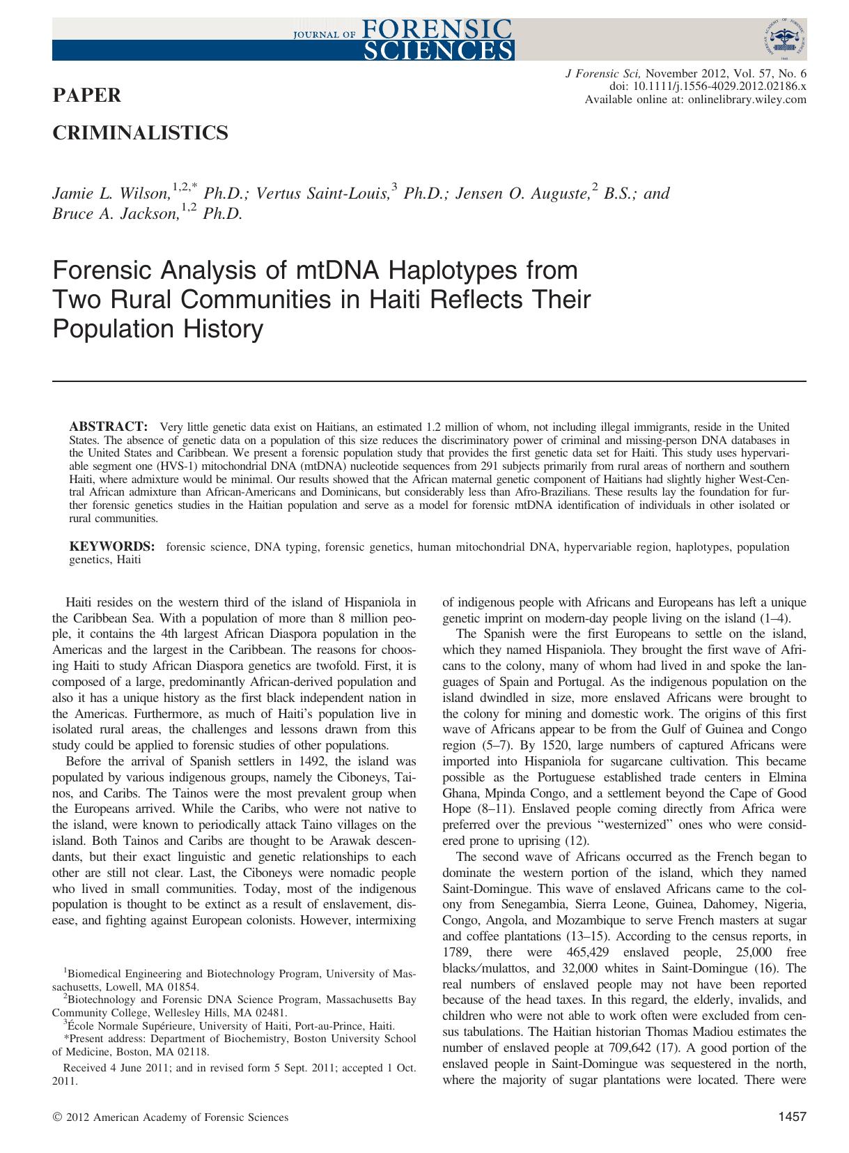 Forensic Analysis of mtDNA Haplotypes from Two Rural Communities in Haiti Reflects Their Population History by Unknown