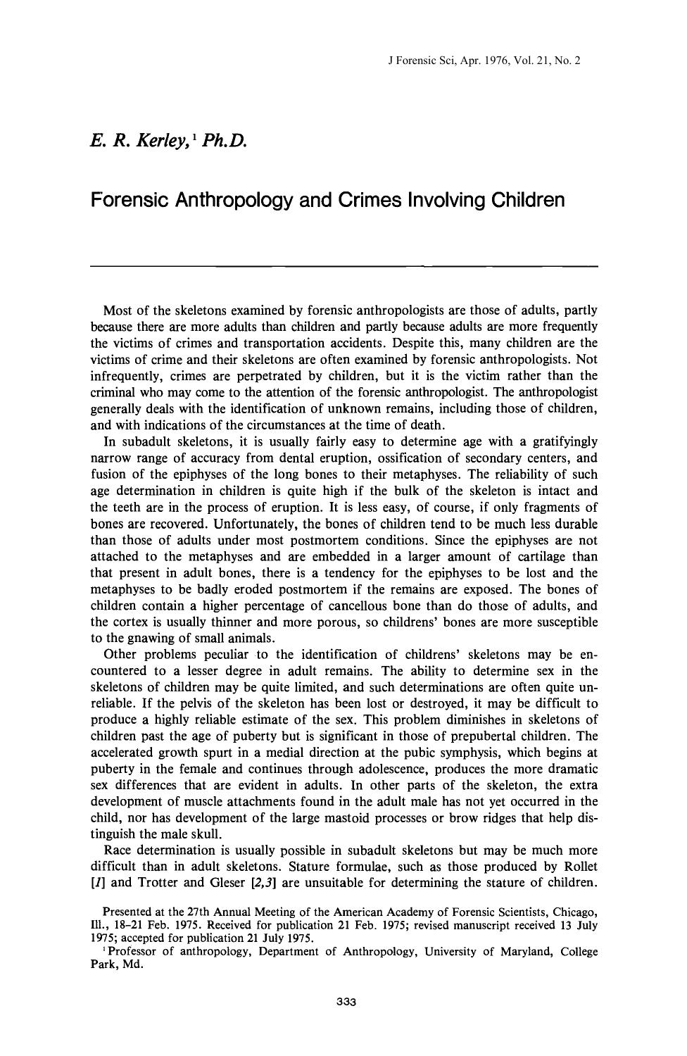 Forensic Anthropology and Crimes Involving Children by Kerley ER
