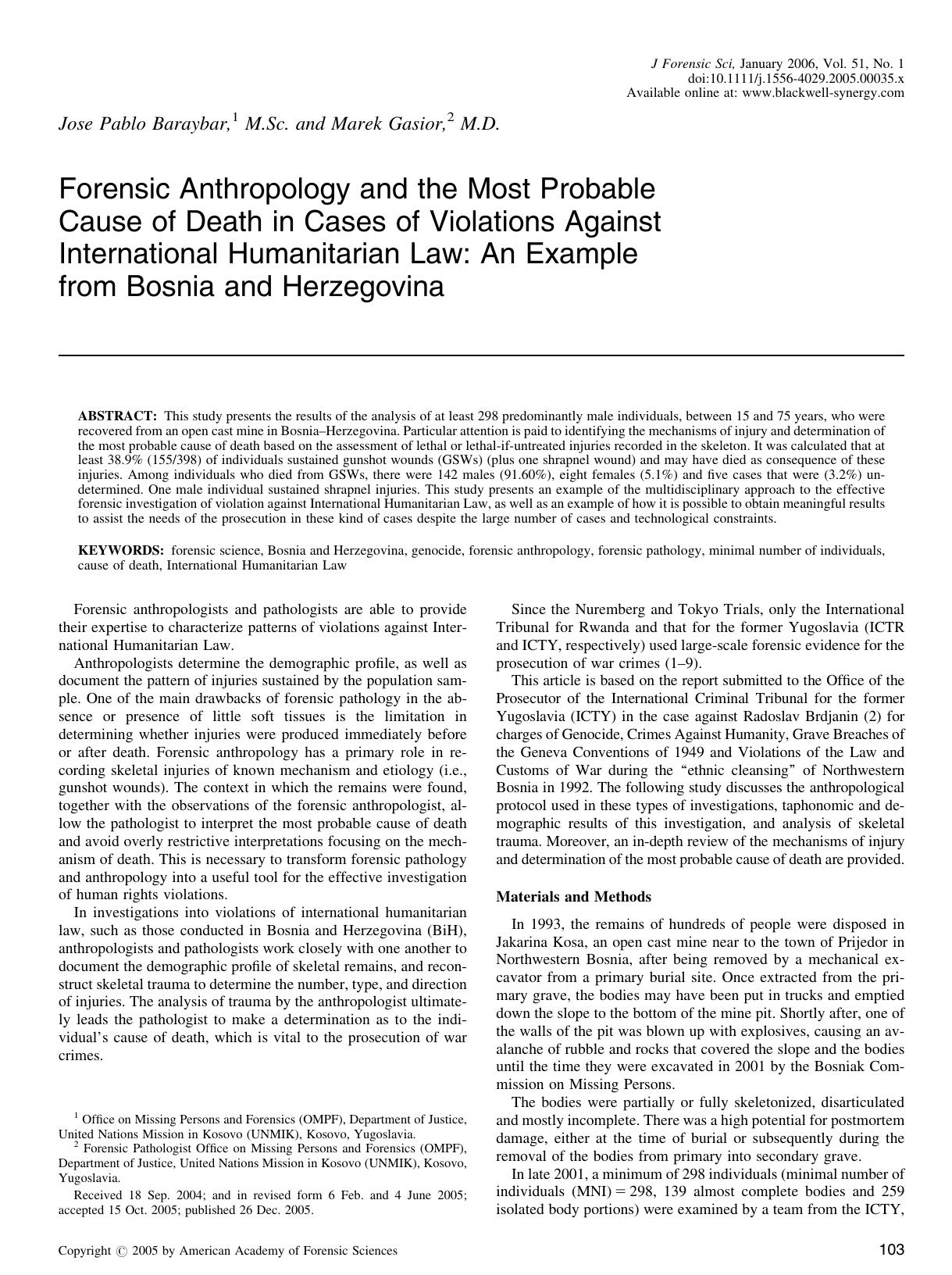 Forensic Anthropology and the Most Probable Cause of Death in Cases of Violations Against International Humanitarian Law: An Example from Bosnia and Herzegovina by Unknown