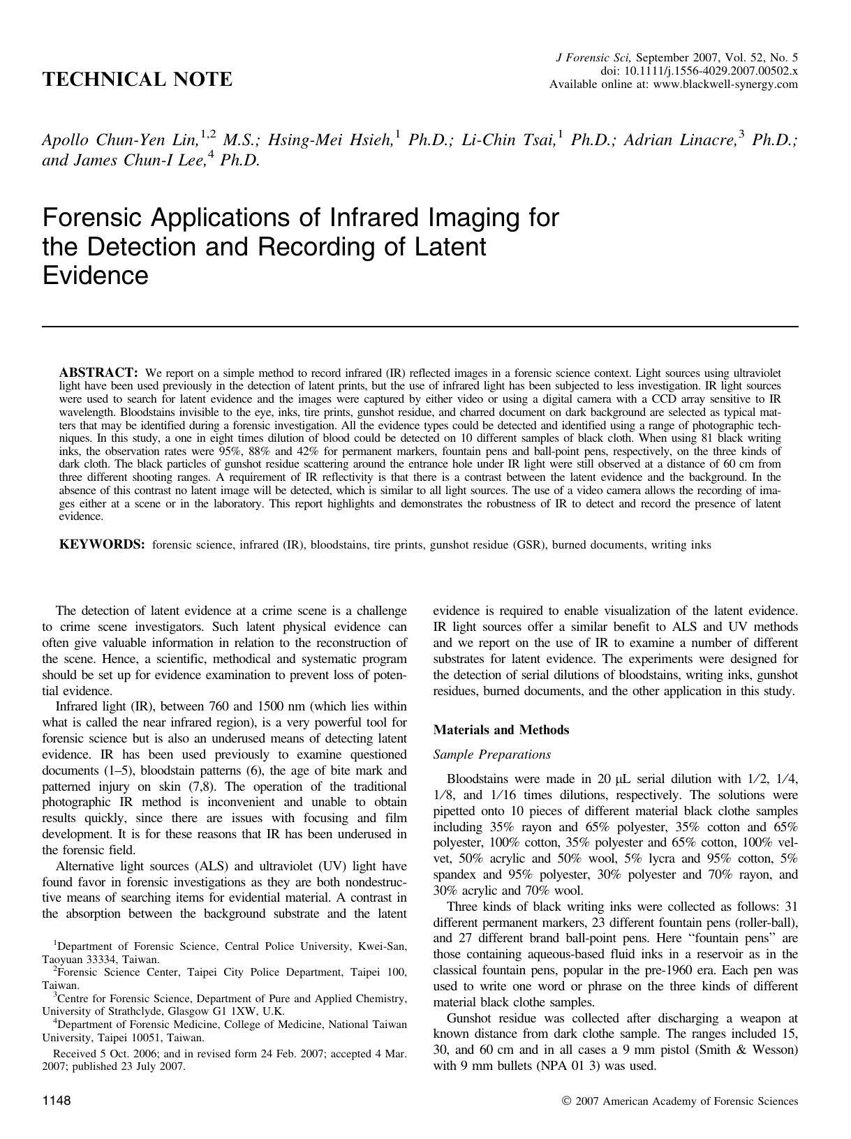 Forensic Applications of Infrared Imaging for the Detection and Recording of Latent Evidence by Unknown