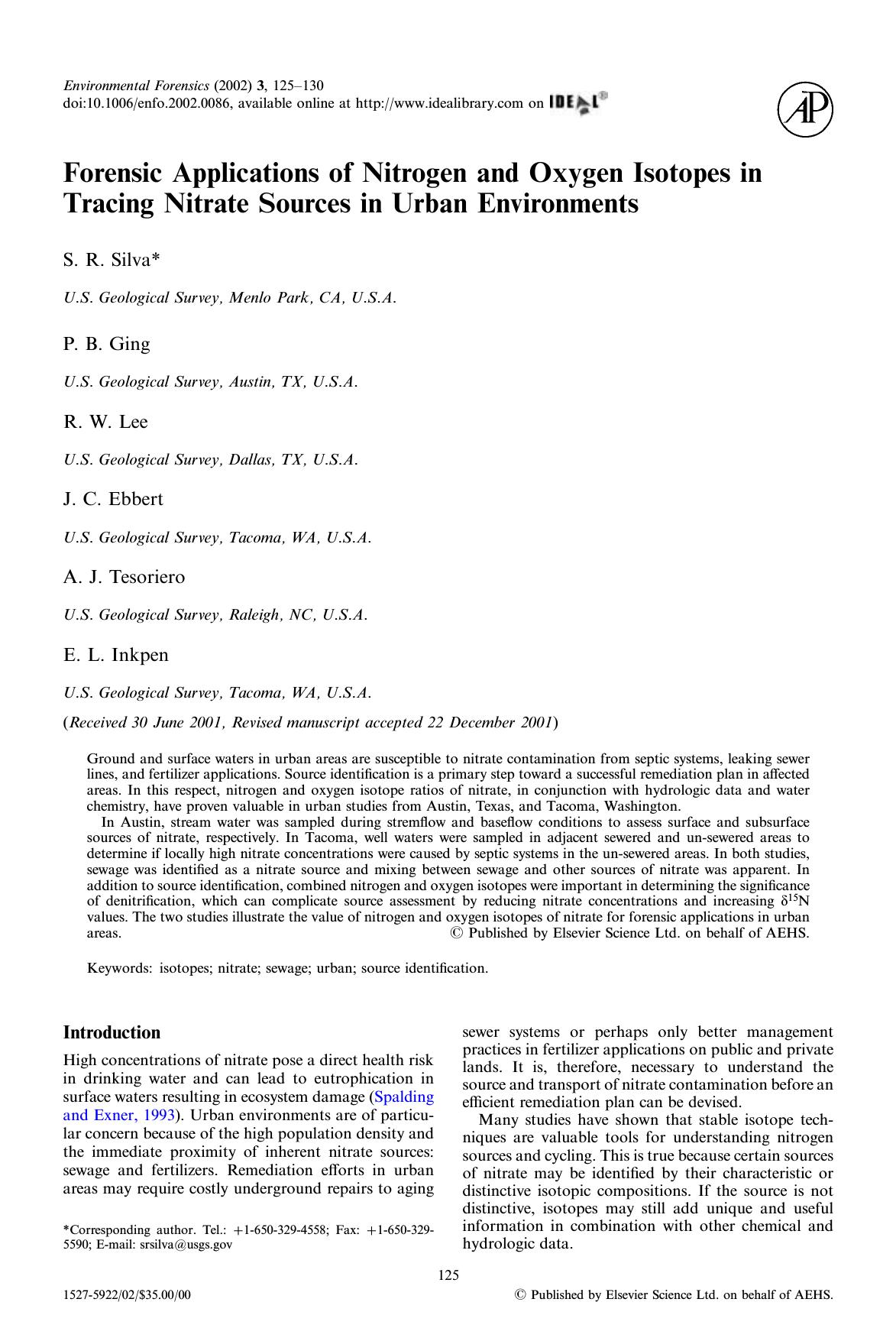 Forensic Applications of Nitrogen and Oxygen Isotopes in Tracing Nitrate Sources in Urban Environments by Silva S. R. et al