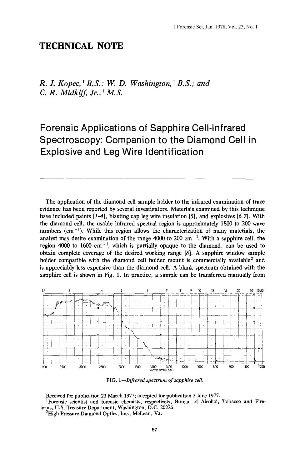 Forensic Applications of Sapphire Cell-Infrared Spectroscopy: Companion to the Diamond Cell in Explosive and Leg Wire Identification by Kopec RJ Washington WD Midkiff CR Jr