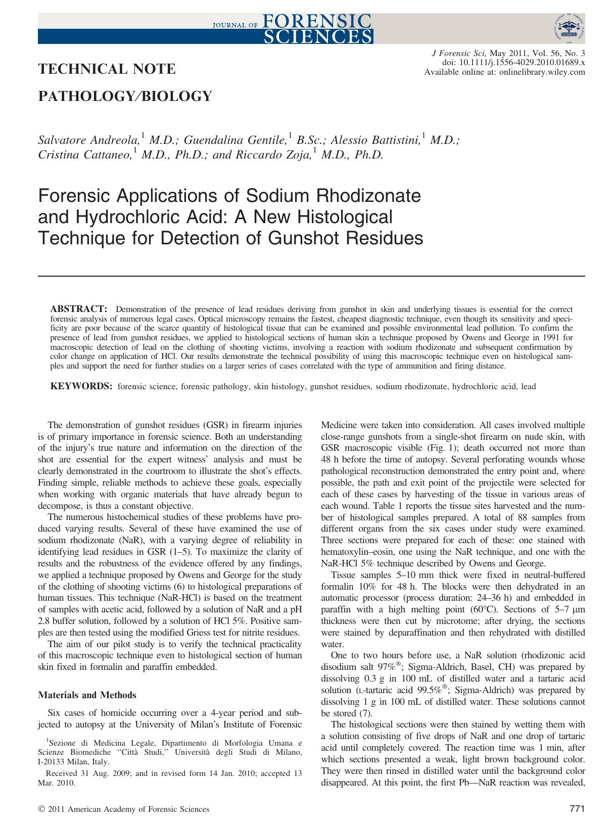 Forensic Applications of Sodium Rhodizonate and Hydrochloric Acid: A New Histological Technique for Detection of Gunshot Residues by Unknown