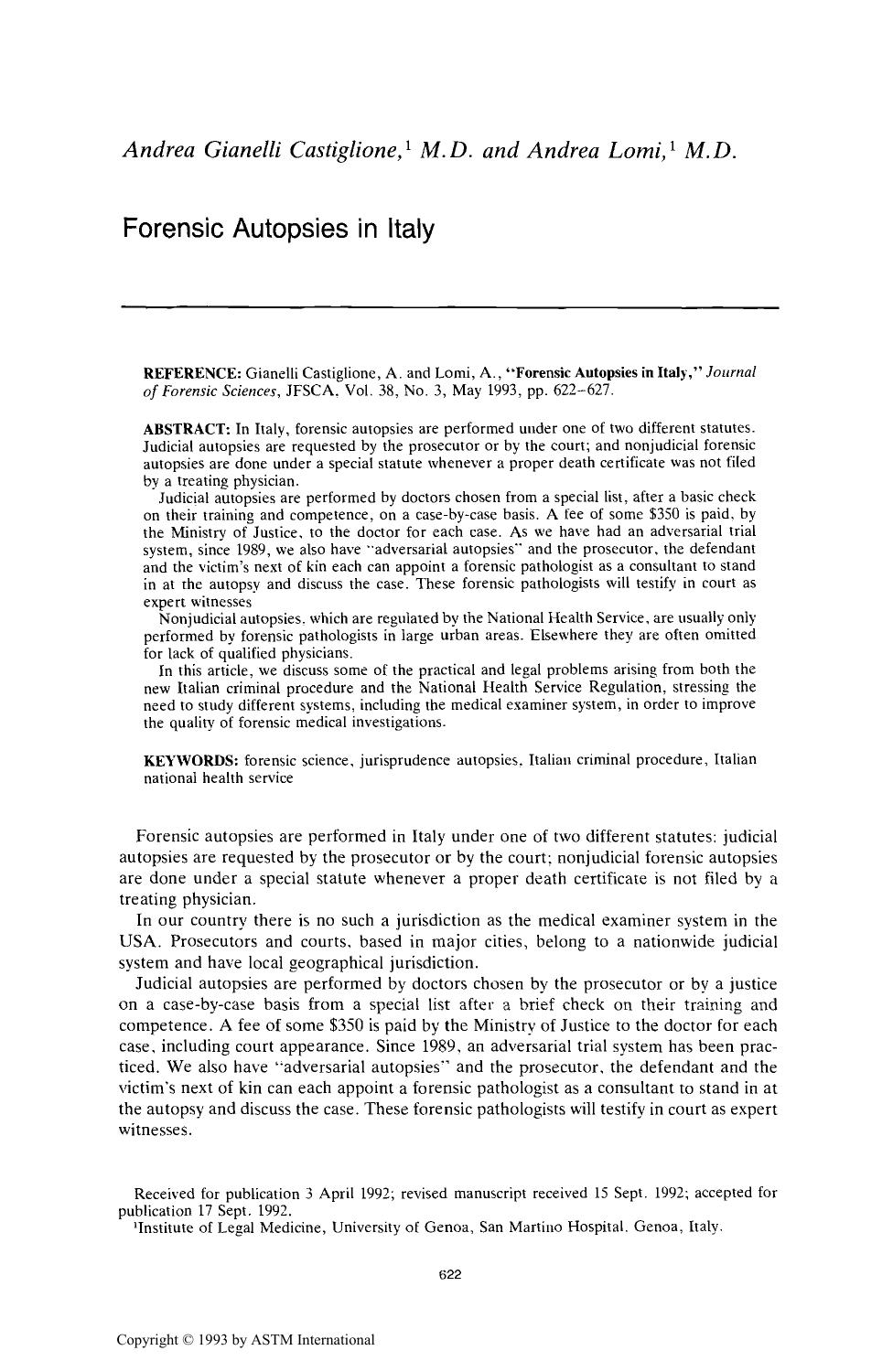 Forensic Autopsies in Italy by Gianelli CastiglioneA Lomi A