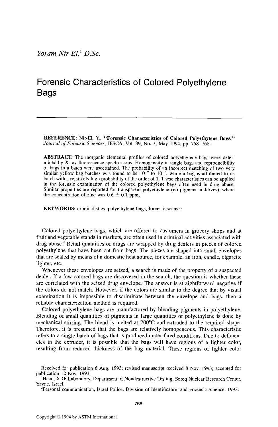 Forensic Characteristics of Colored Polyethylene Bags by Nir-El Y