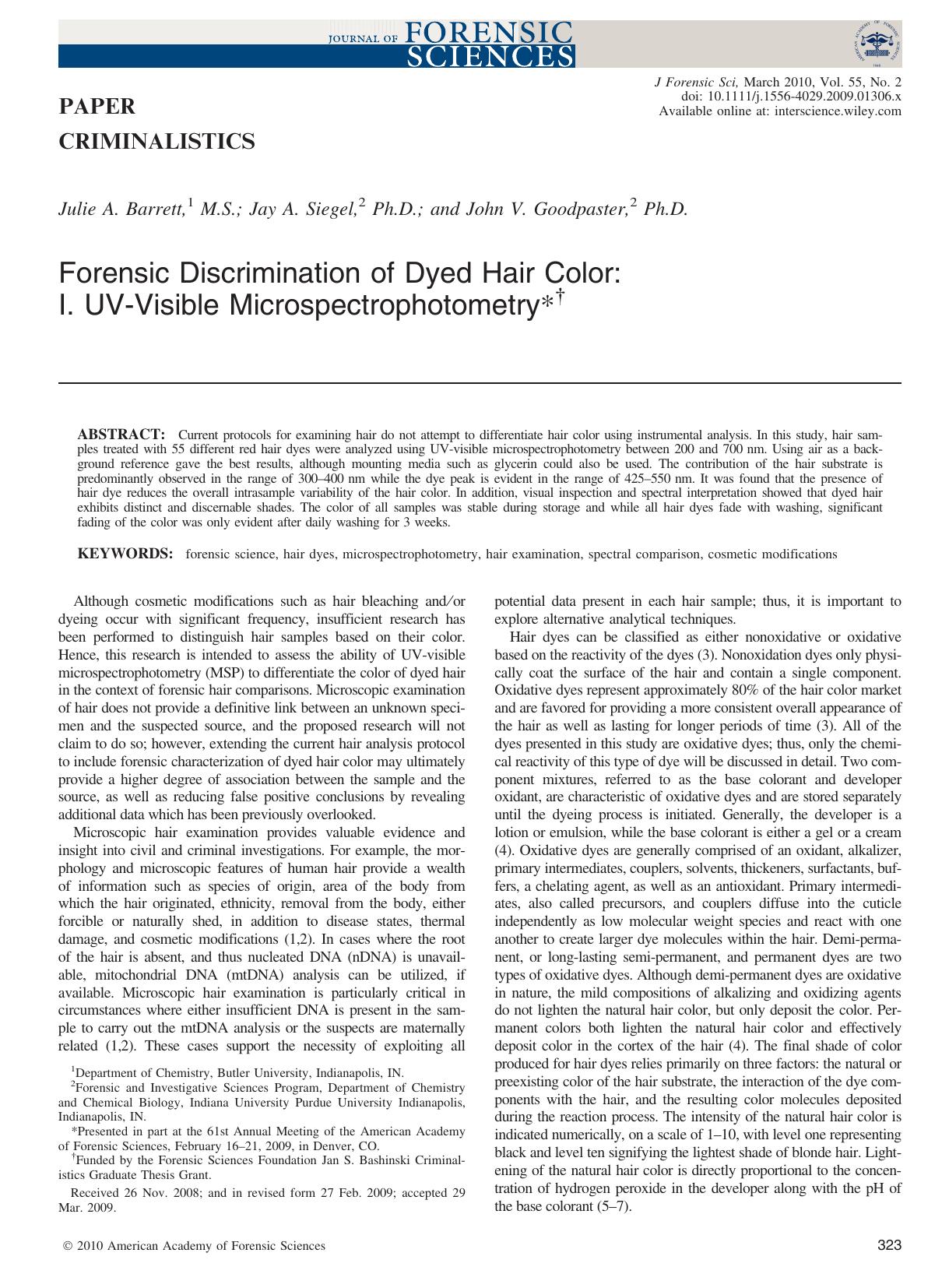 Forensic Discrimination of Dyed Hair Color: I. UV?Visible Microspectrophotometry*? by Unknown