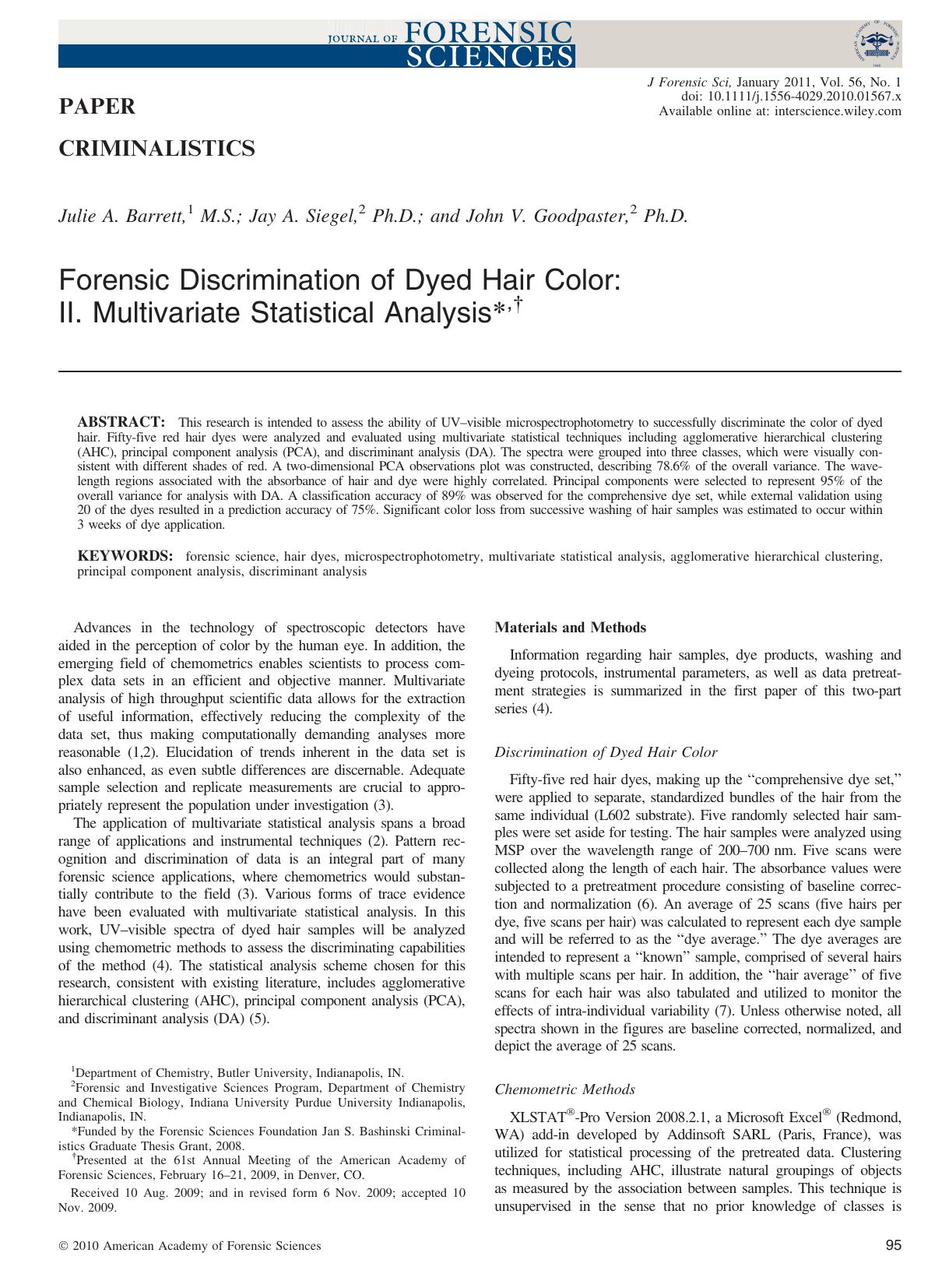 Forensic Discrimination of Dyed Hair Color: II. Multivariate Statistical Analysis, by Unknown