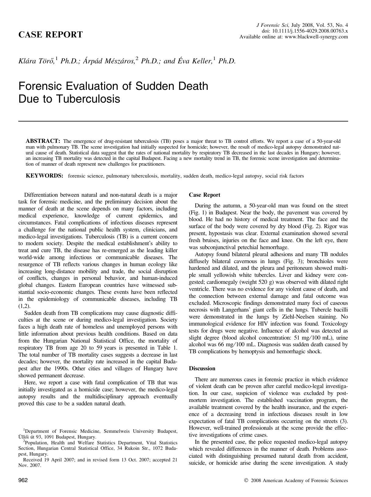Forensic Evaluation of Sudden Death Due to Tuberculosis by Unknown